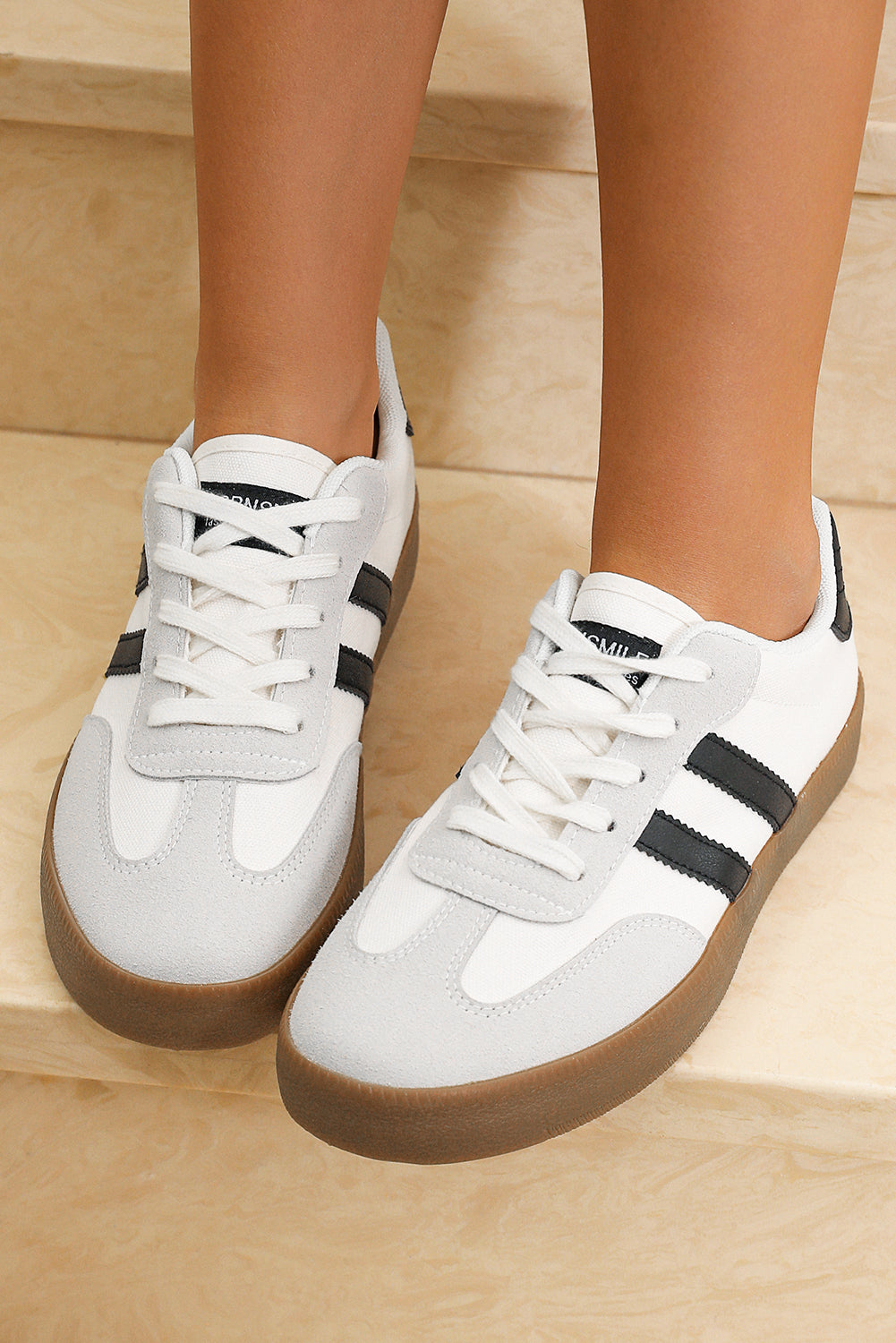 White Striped Lace-up Flat Sneakers-Shoes & Bags/Womens Shoes-[Adult]-[Female]-2022 Online Blue Zone Planet