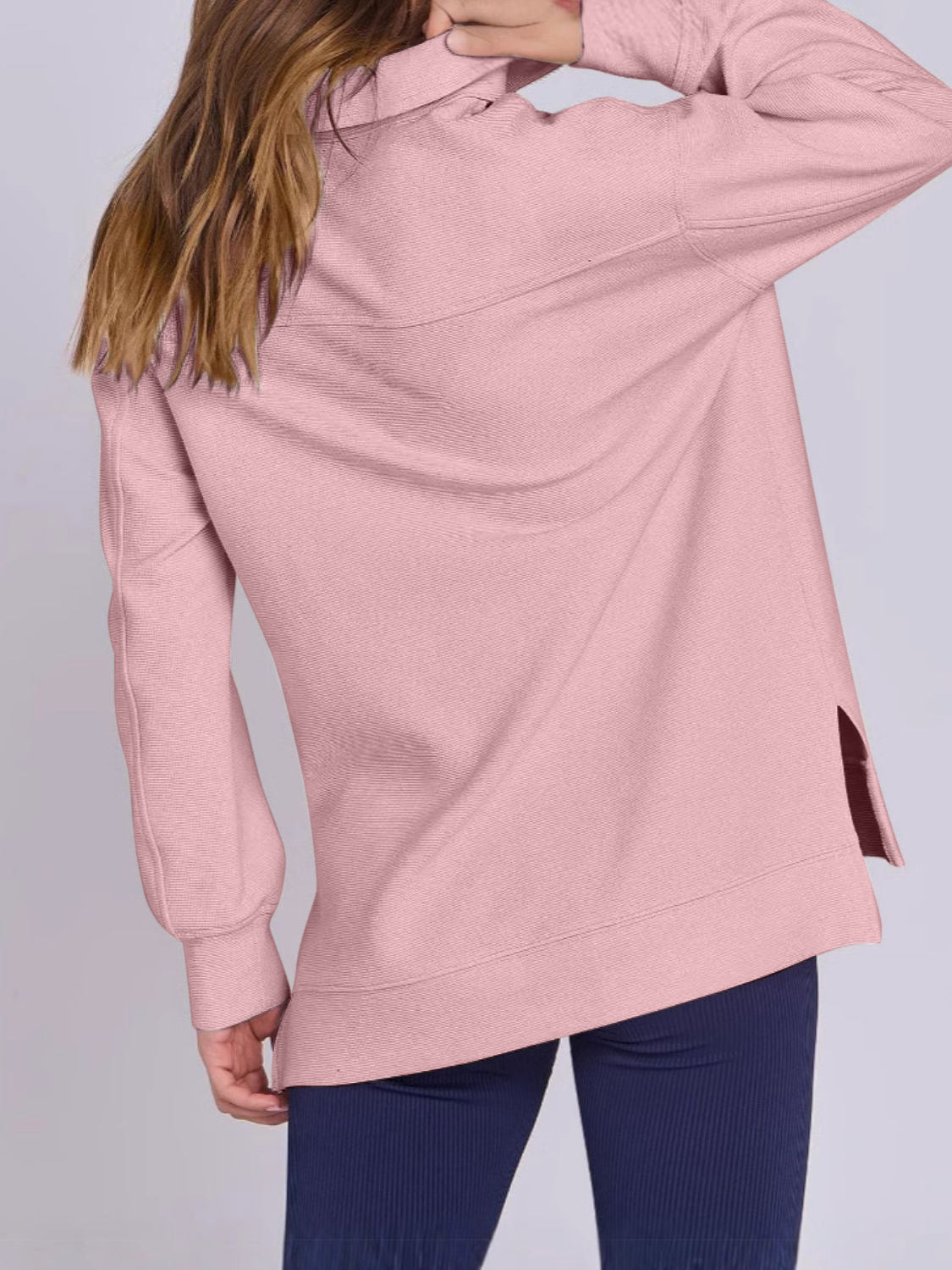 Blue Zone Planet | ฺHigh-Low Quarter Zip Long Sleeve Sweatshirt-TOPS / DRESSES-[Adult]-[Female]-2022 Online Blue Zone Planet