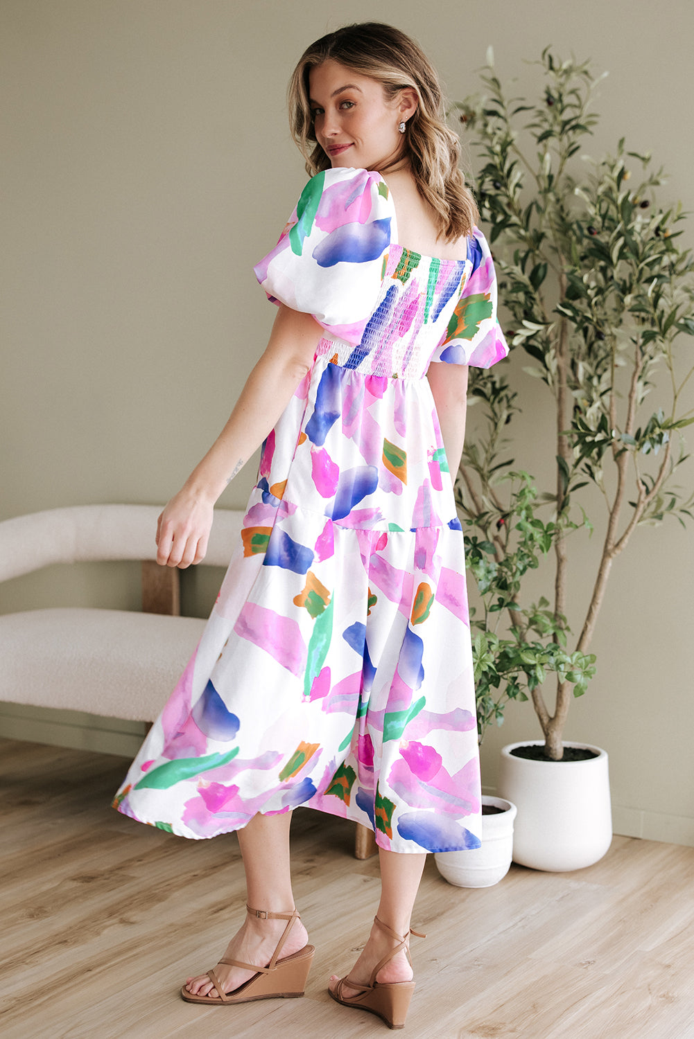 Purple Abstract Print Puff Sleeve Smocked Back Midi Dress-Dresses/Midi Dresses-[Adult]-[Female]-2022 Online Blue Zone Planet