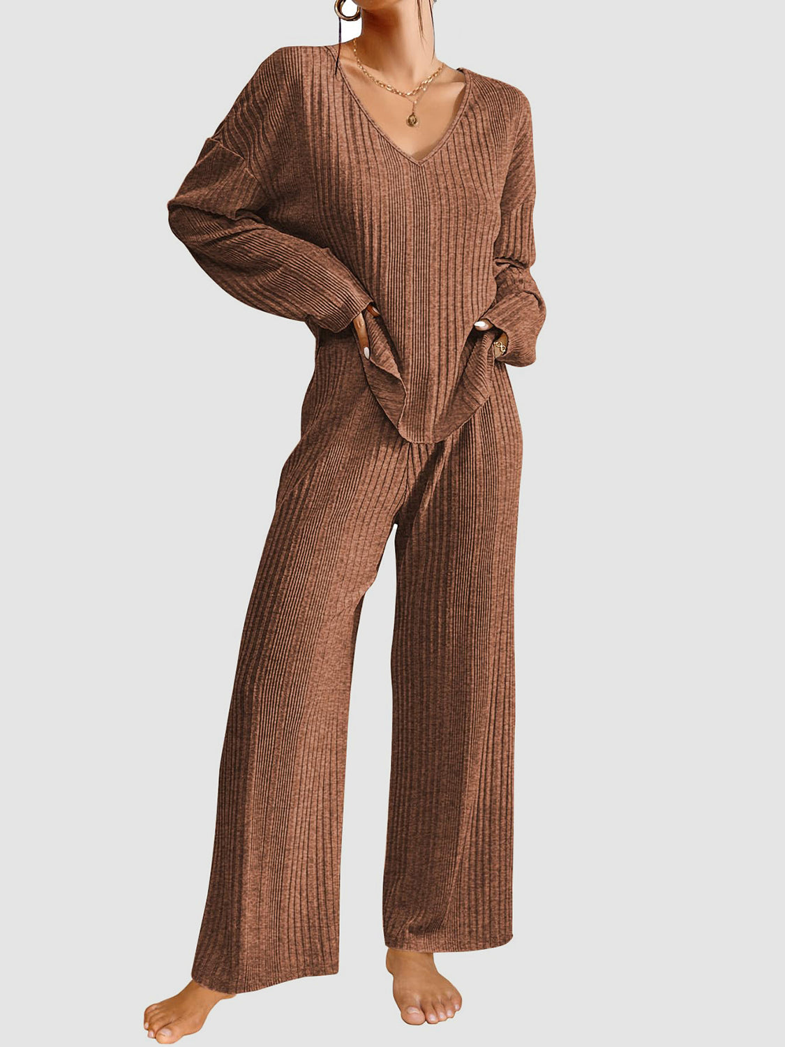 V-Neck Long Sleeve Top and Pants Set-TOPS / DRESSES-[Adult]-[Female]-Caramel-S-2022 Online Blue Zone Planet