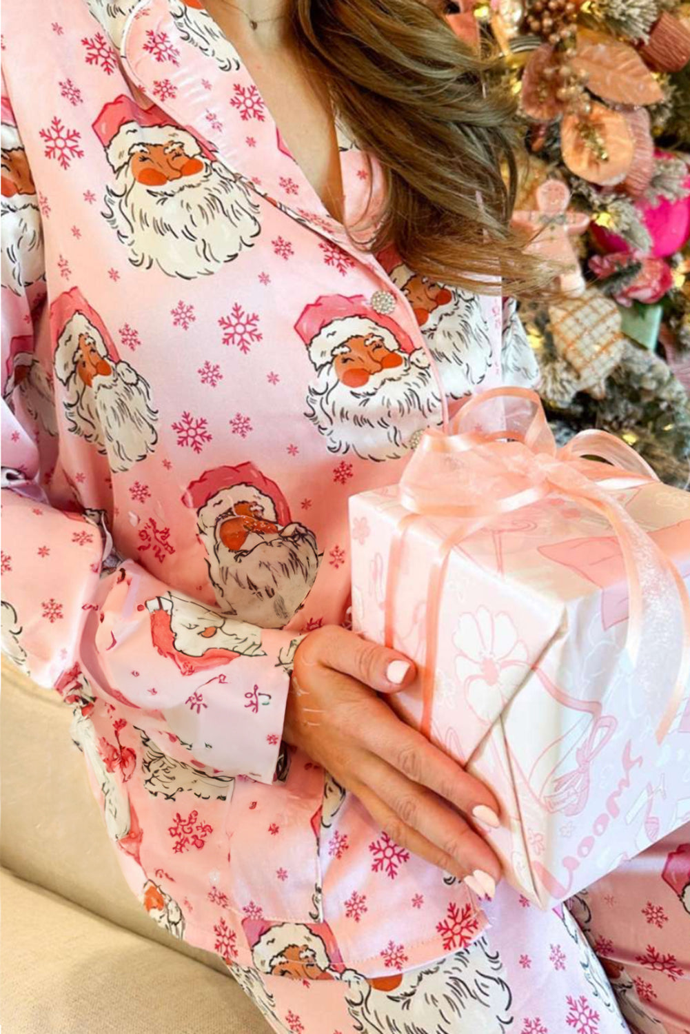 Pink Santa Claus Snowflake Long Sleeve Shirt Christmas Pajama Set-Loungewear Set-[Adult]-[Female]-2022 Online Blue Zone Planet