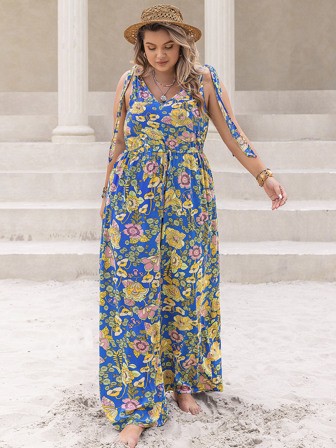 Plus Size Printed V-Neck Wide Leg Jumpsuit-TOPS / DRESSES-[Adult]-[Female]-2022 Online Blue Zone Planet