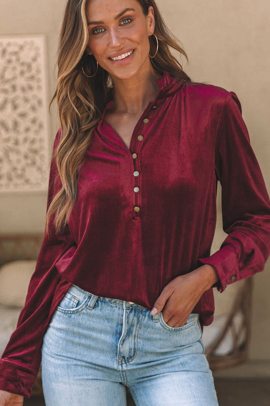 Frill Half Button Mock Neck Long Sleeve Blouse-TOPS / DRESSES-[Adult]-[Female]-Burgundy-M-2022 Online Blue Zone Planet