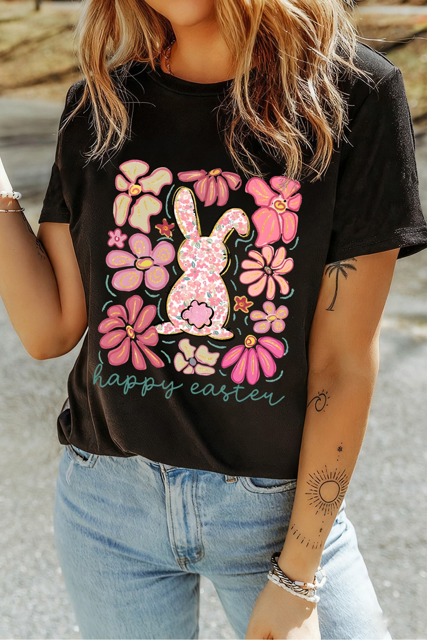Black Happy Easter Bunny Flower Printed Casual Tee-Graphic Tees-[Adult]-[Female]-2022 Online Blue Zone Planet