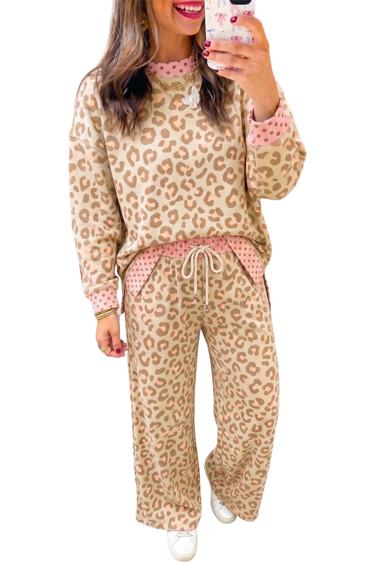 Brown Leopard Polka Dot Two Piece Pants Set-Two Piece Sets/Pant Sets-[Adult]-[Female]-2022 Online Blue Zone Planet