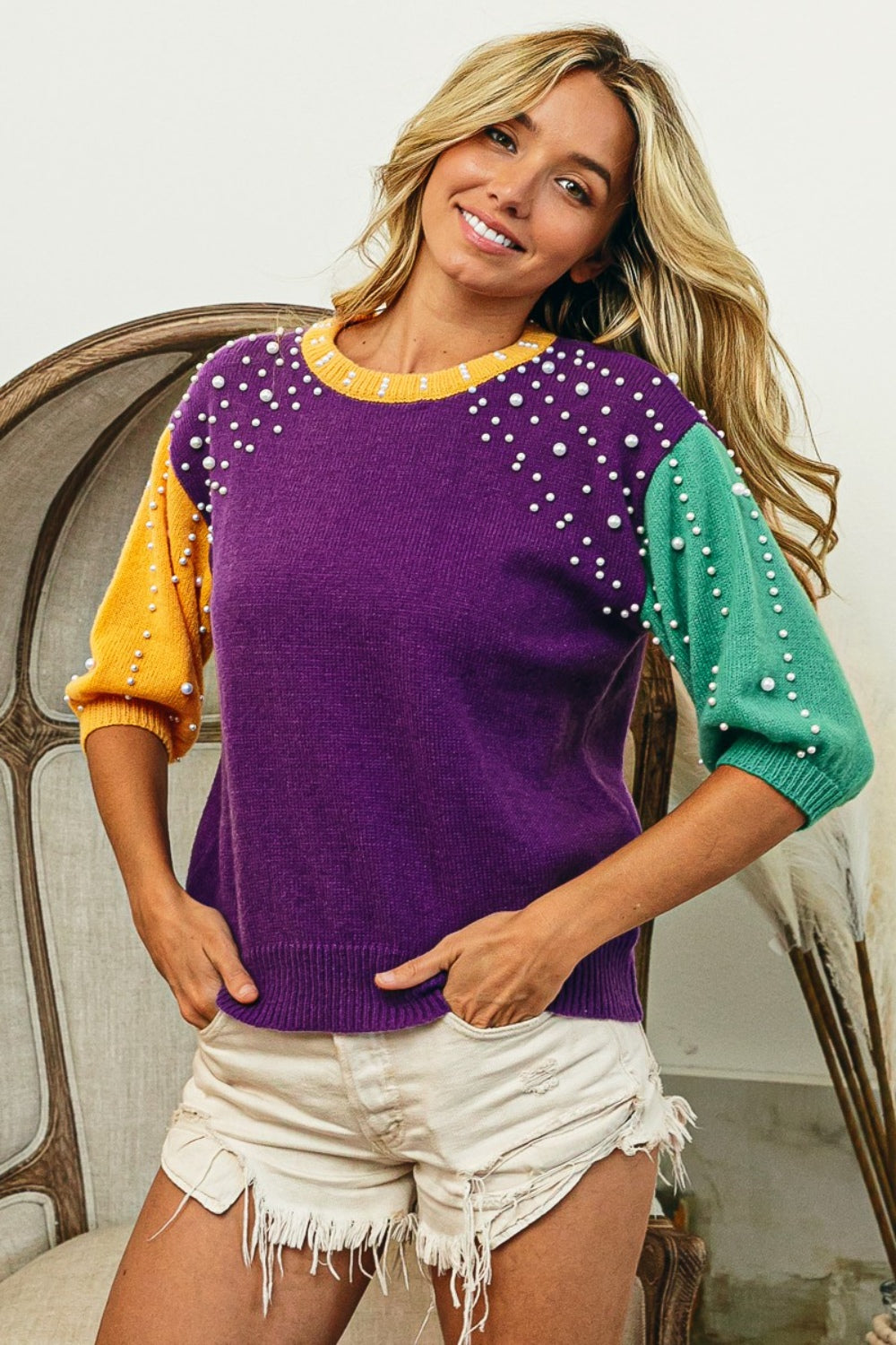 BiBi Color Block Pearl Detail Round Neck Sweater-TOPS / DRESSES-[Adult]-[Female]-2022 Online Blue Zone Planet