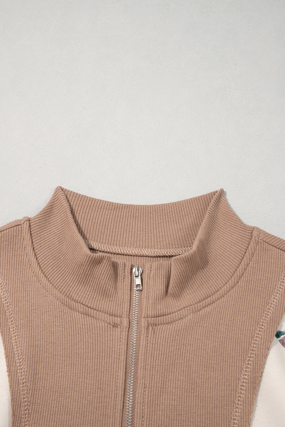Beige Wild Mallard Print Color Block Patchwork Zip Neck Tunic Top-Tops/Long Sleeve Tops-[Adult]-[Female]-2022 Online Blue Zone Planet