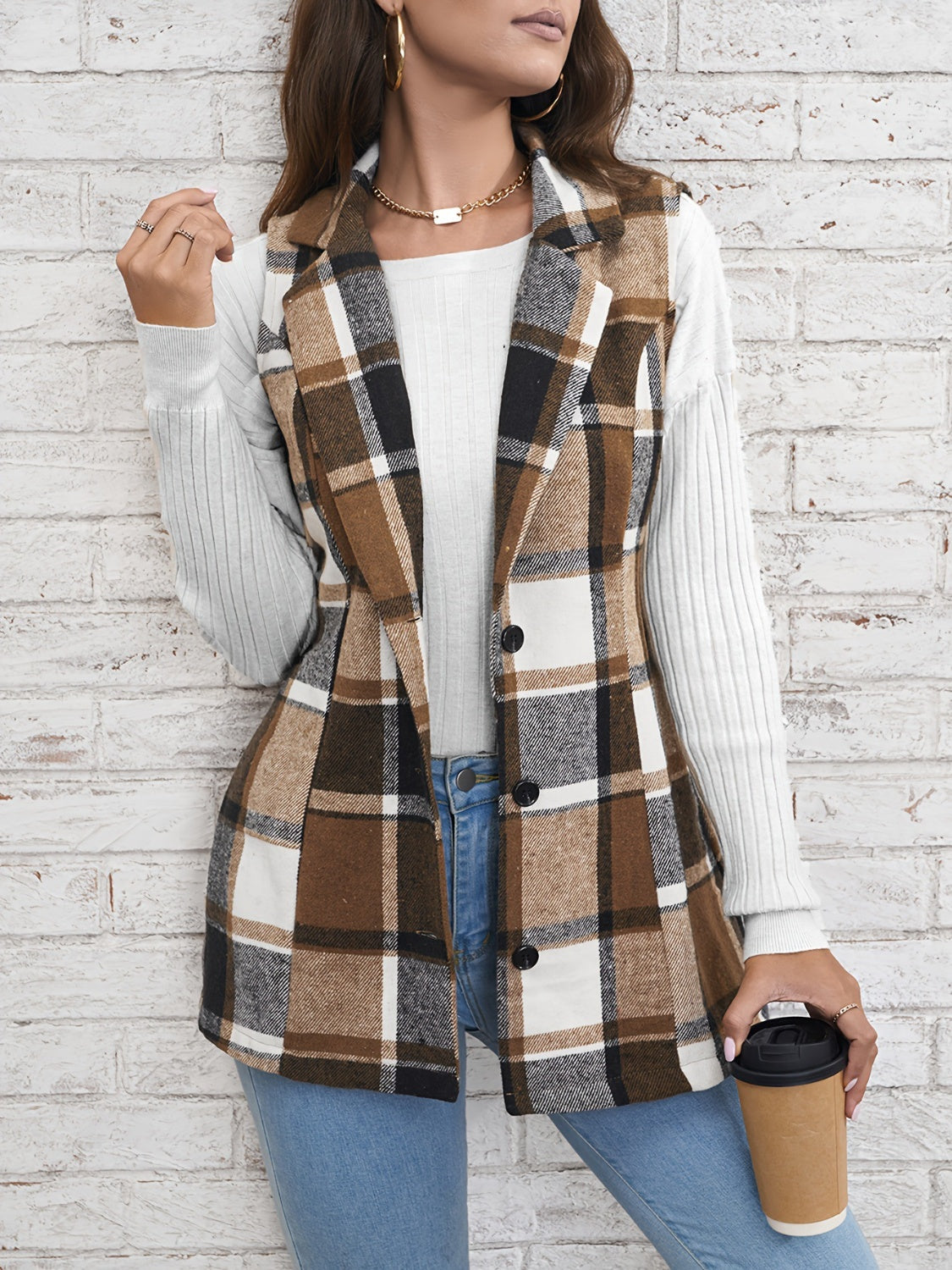 Plaid Button Down Vest Coat-TOPS / DRESSES-[Adult]-[Female]-Camel-S-2022 Online Blue Zone Planet