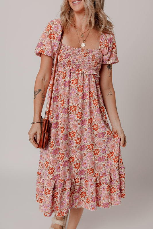 Pink Floral Square Neck Knotted Ruffle Midi Dress-TOPS / DRESSES-[Adult]-[Female]-Pink-S-2022 Online Blue Zone Planet