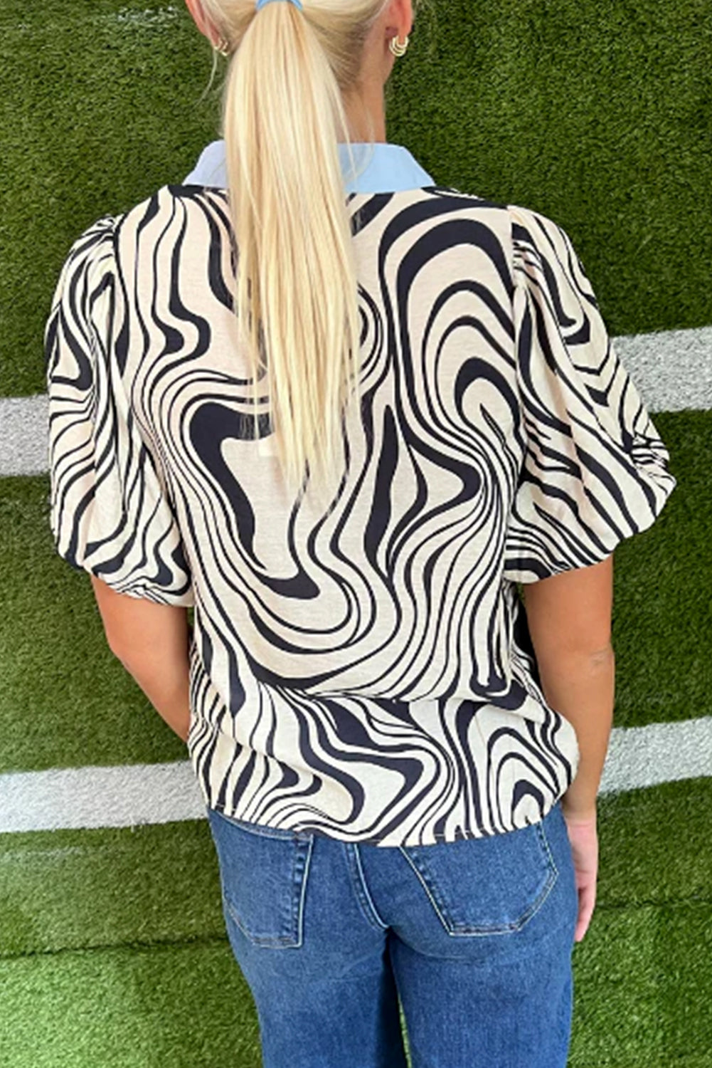 White Zebra Stripe Print Contrast V-Neck Ricrac Detail Short Sleeve Blouse Top-Tops/Blouses & Shirts-[Adult]-[Female]-2022 Online Blue Zone Planet