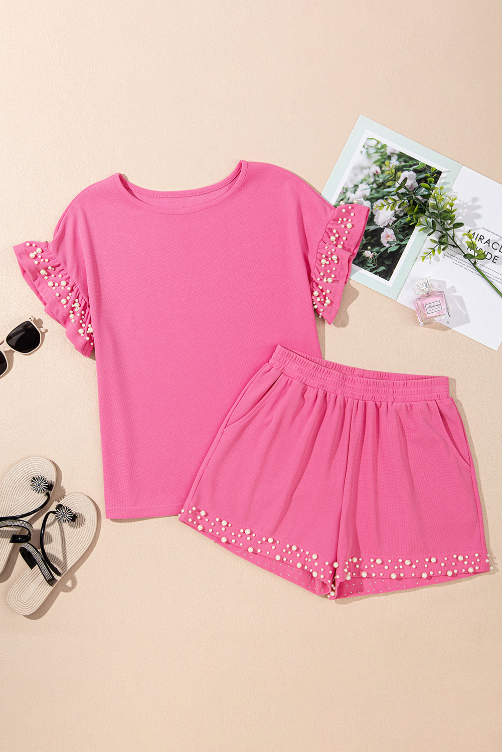 Bright Pink Textured Pearled Ruffle Sleeve Top 2 Piece Shorts Set-Two Piece Sets/Short Sets-[Adult]-[Female]-2022 Online Blue Zone Planet