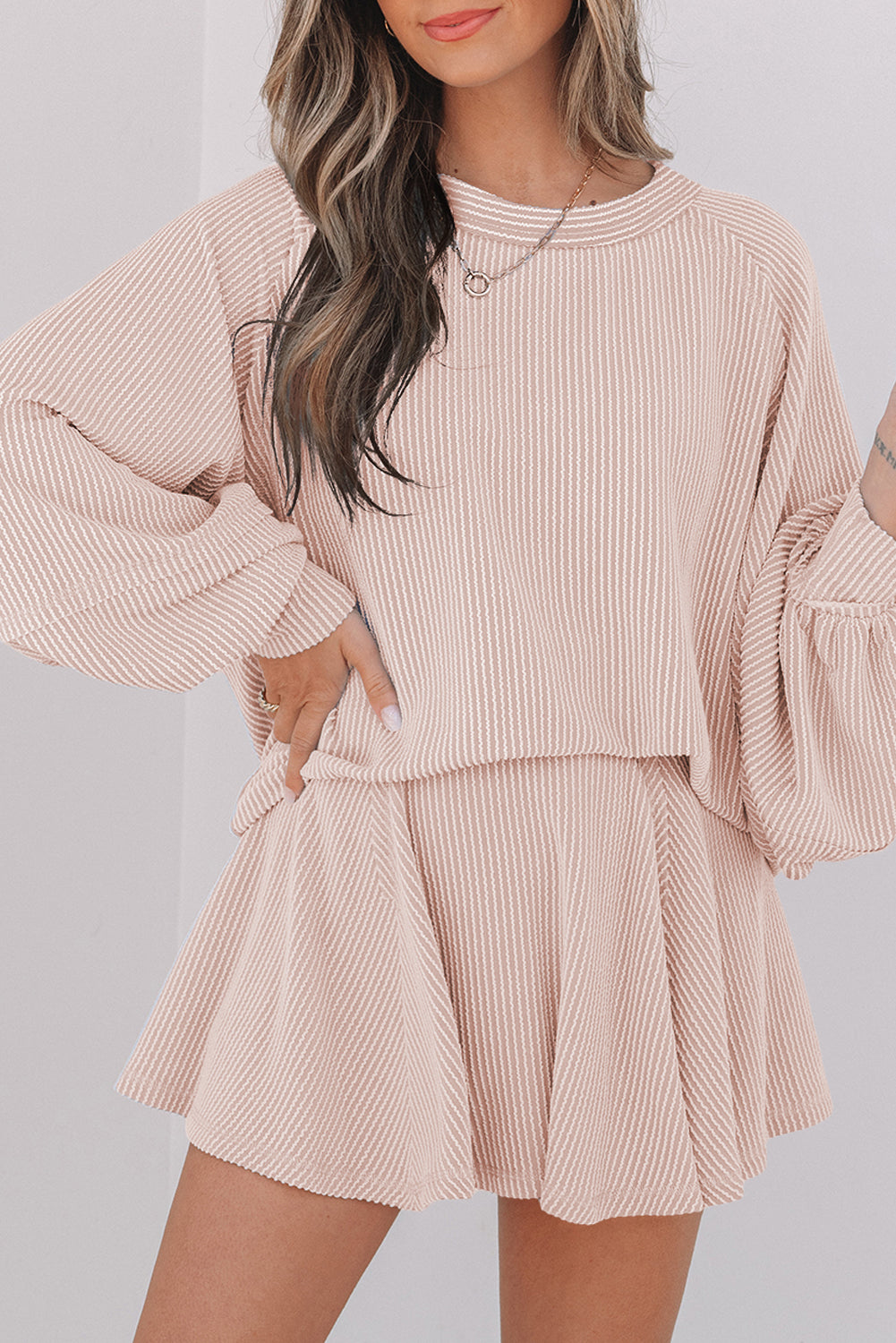 Blue Zone Planet | Jet Stream Corded Lantern Sleeve Top High Waist Ruffled Mini Skirt Set-Two Piece Sets/Two Piece Dresses-[Adult]-[Female]-2022 Online Blue Zone Planet