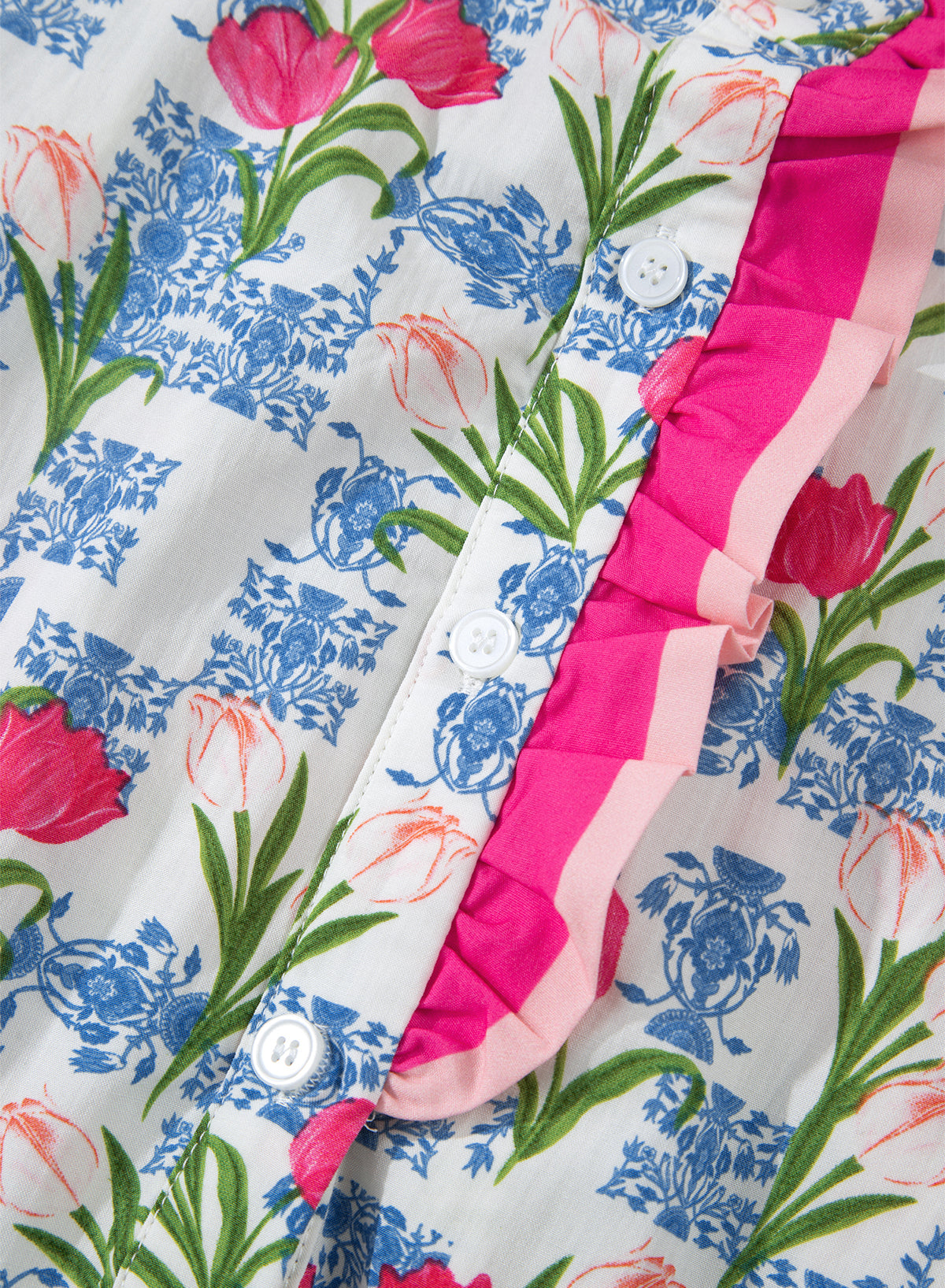 Rose Floral Print Color Block Striped Trim Flutter Sleeve Half Button Blouse-Tops/Blouses & Shirts-[Adult]-[Female]-2022 Online Blue Zone Planet