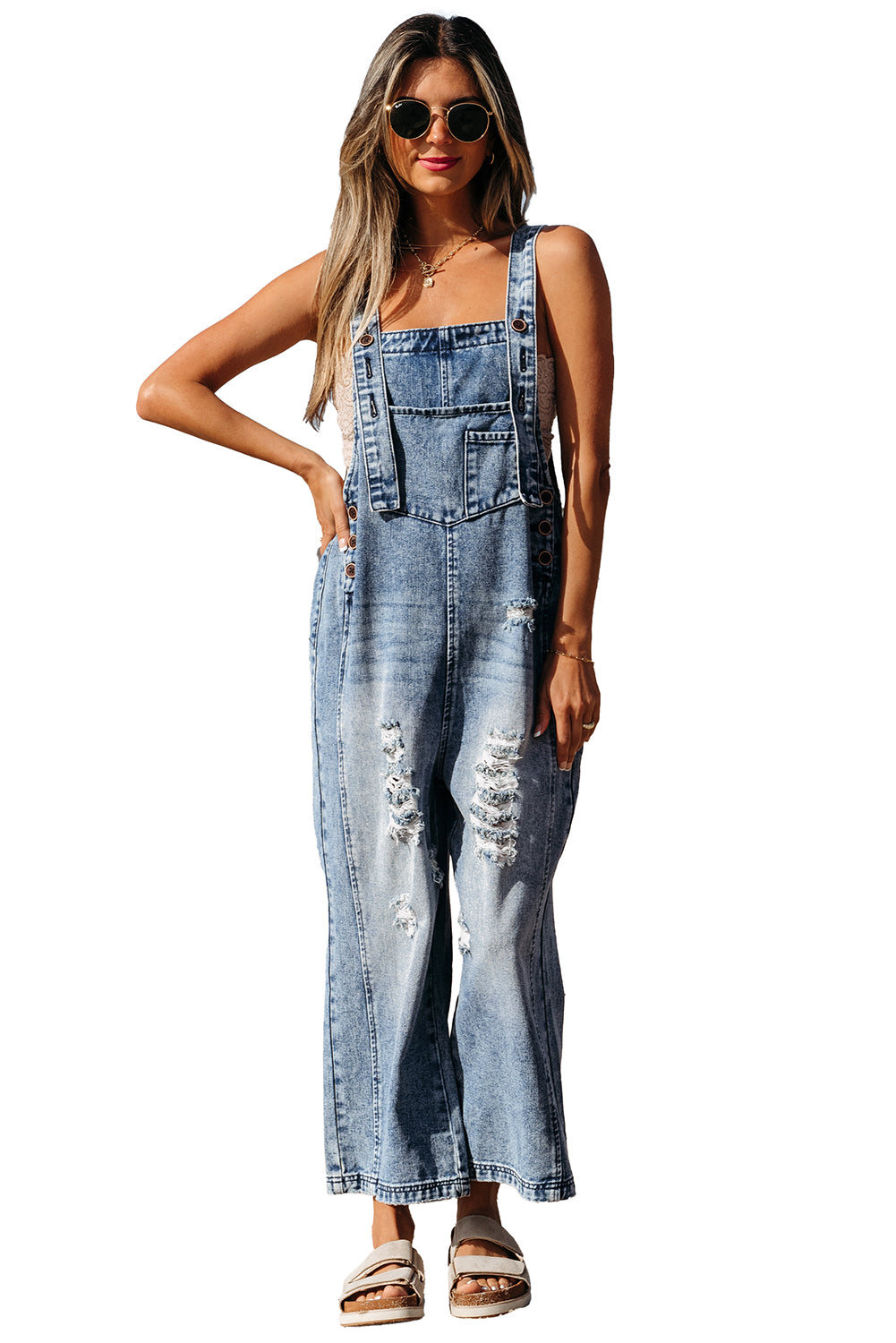 Blue Zone Planet | Stone Blue Distressed Bib Pocket Wide Leg Denim Overall-Bottoms/Jumpsuits & Rompers-[Adult]-[Female]-2022 Online Blue Zone Planet