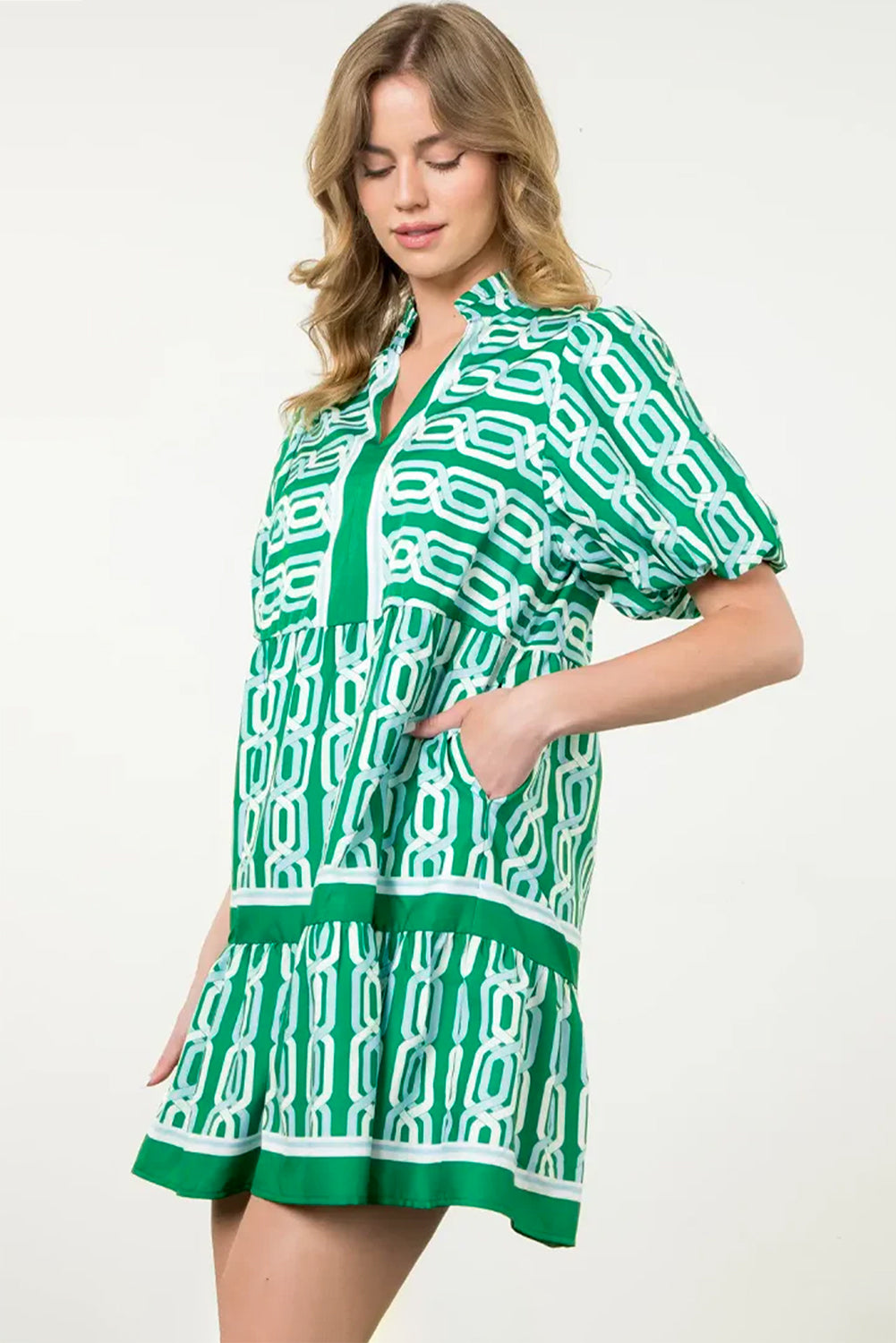 Bright Green Abstract Patterned V Neck Puff Short Sleeve Mini Dress-TOPS / DRESSES-[Adult]-[Female]-2022 Online Blue Zone Planet