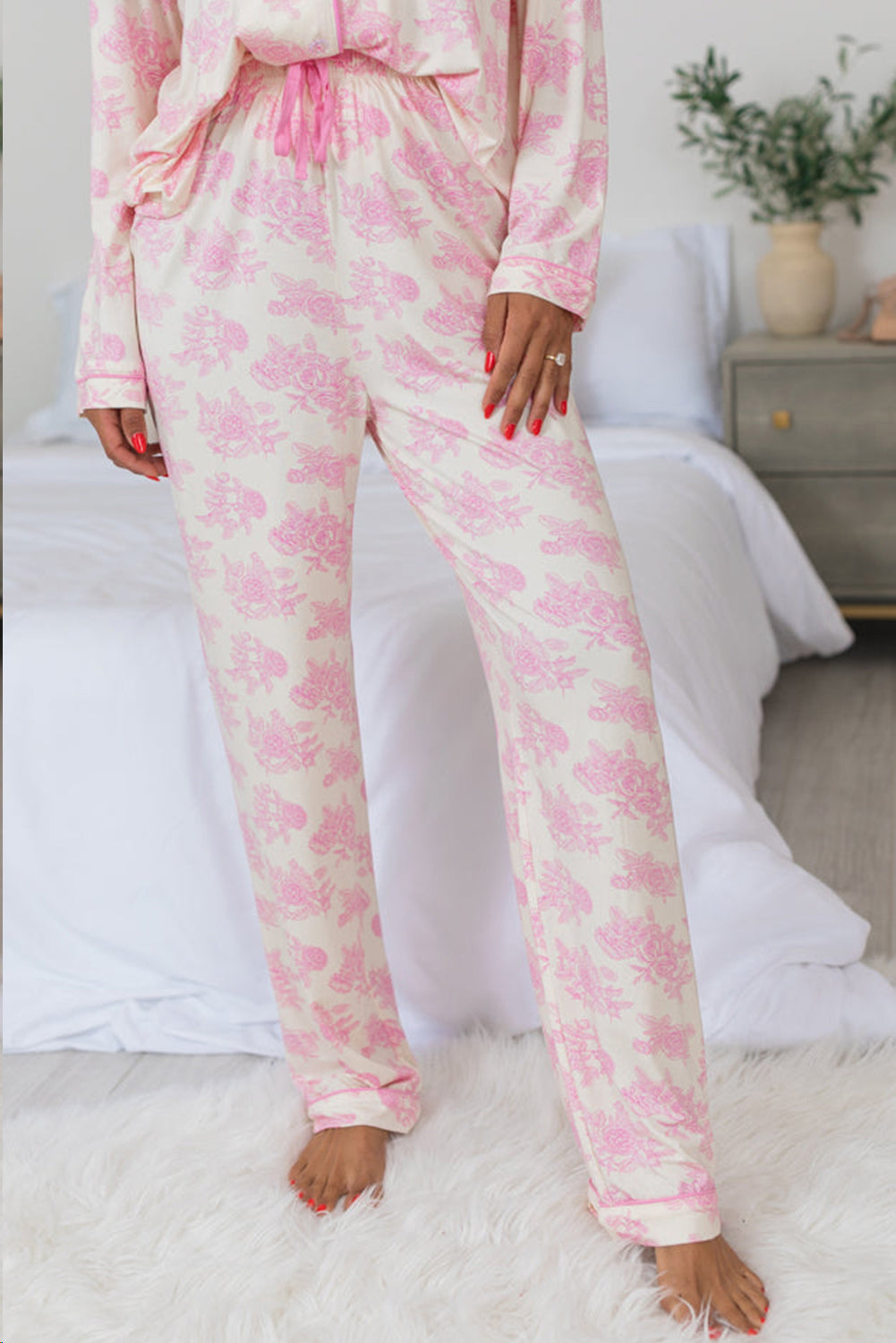 Pink Floral Long Sleeve and Pants Pajamas Set-Loungewear & Sleepwear/Sleepwear-[Adult]-[Female]-2022 Online Blue Zone Planet