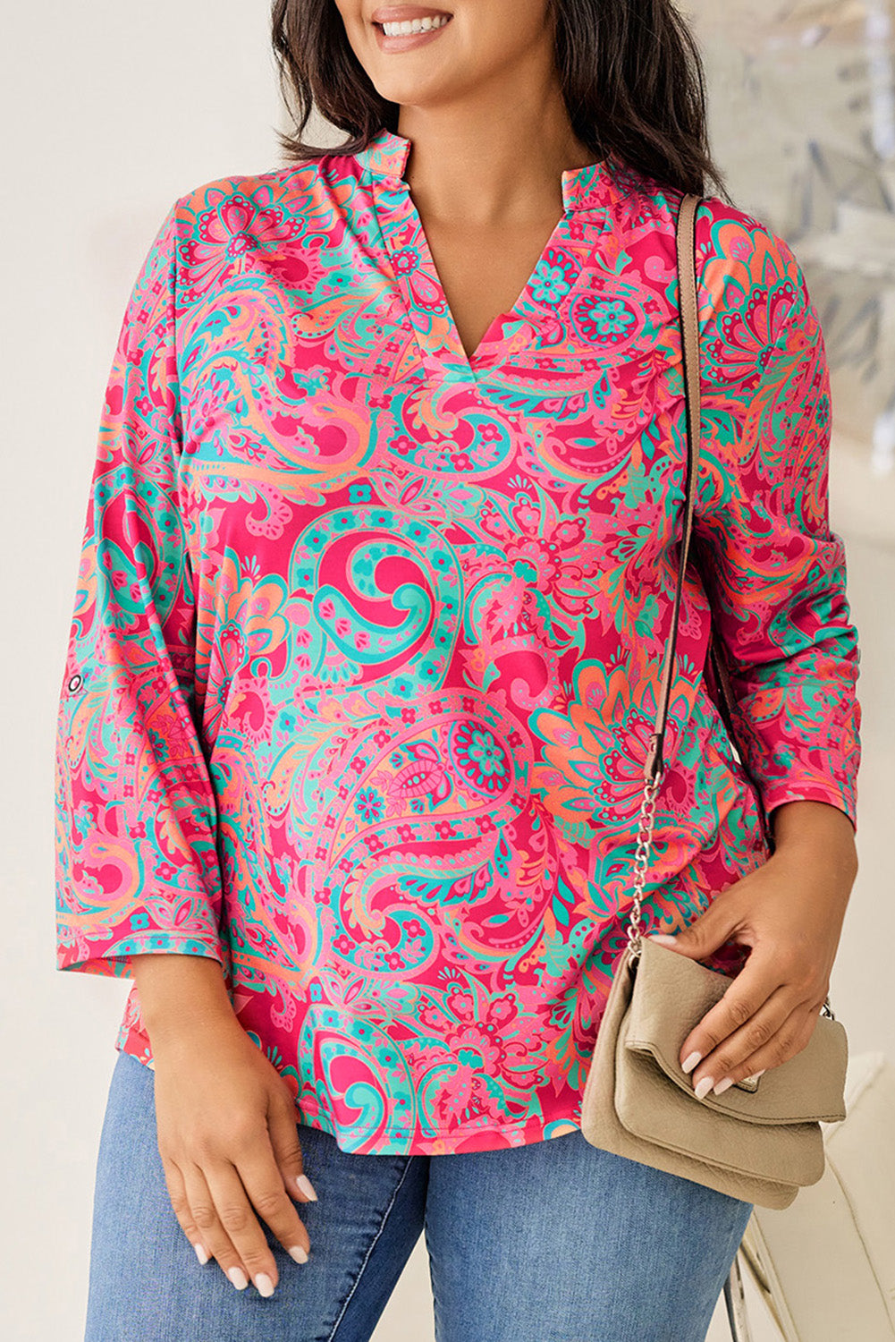 Plus Size Printed Notched Long Sleeve Blouse-TOPS / DRESSES-[Adult]-[Female]-Hot Pink-1XL-2022 Online Blue Zone Planet