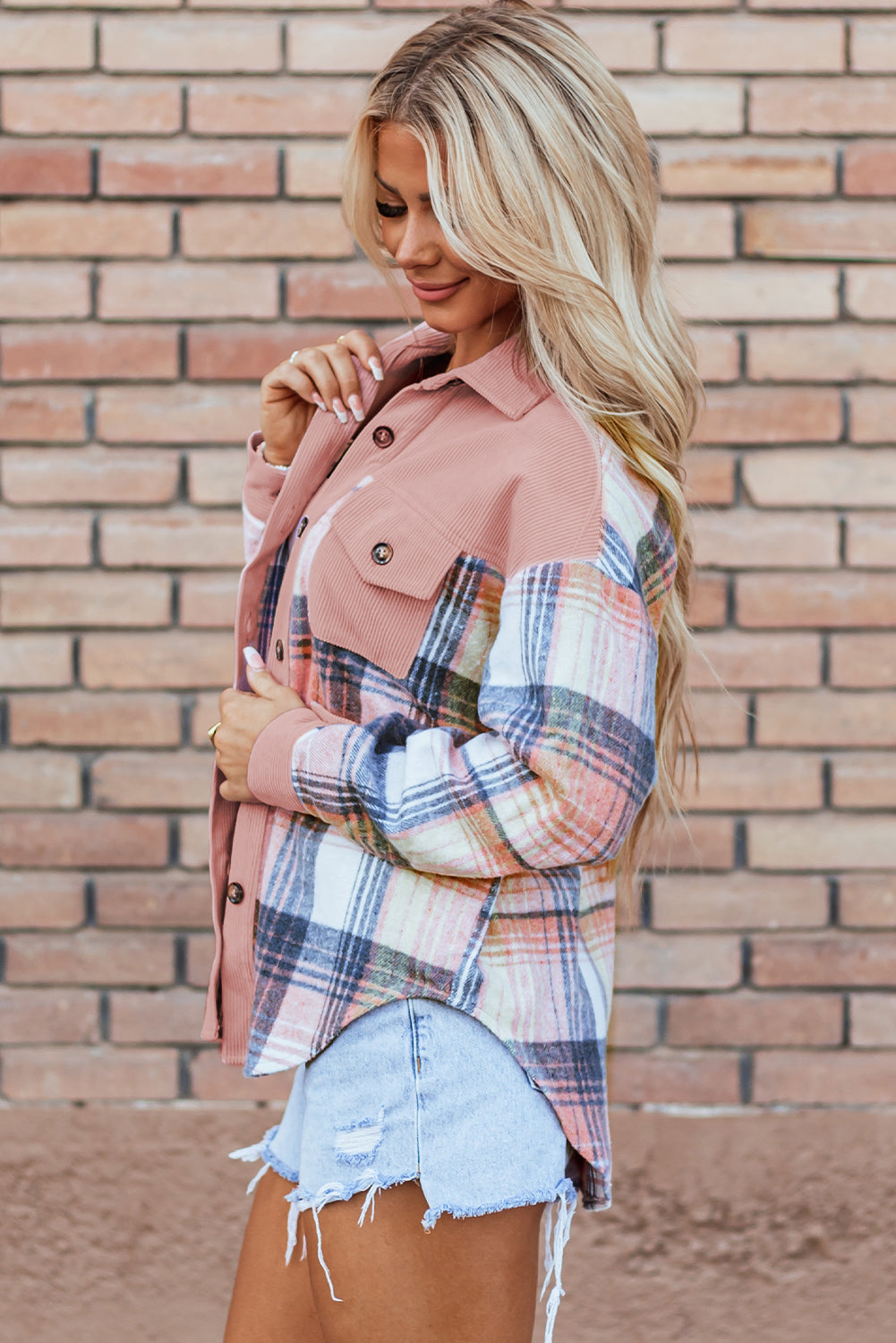 Cinnamon Plaid Corduroy Patchwork Chest Pocket Shacket-Outerwear/Plaid Shackets-[Adult]-[Female]-2022 Online Blue Zone Planet