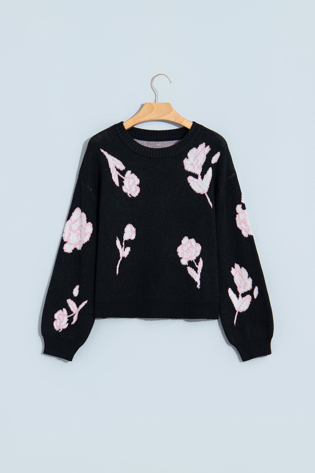 Black Floral Pattern Puff Sleeve Dropped Shoulder Pullover Sweater-Sweaters & Cardigans/Sweaters-[Adult]-[Female]-2022 Online Blue Zone Planet