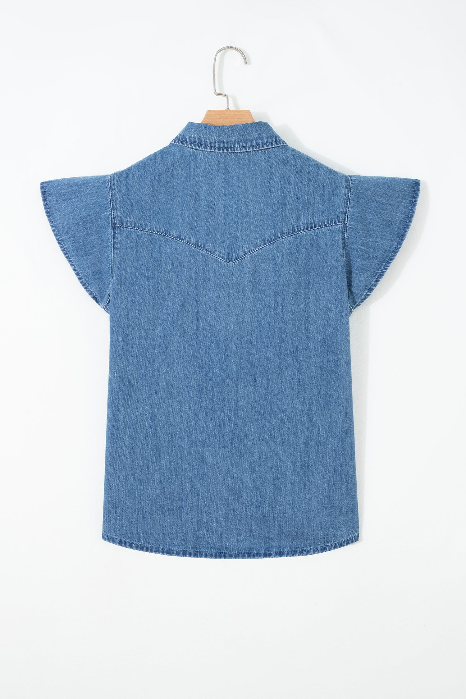 Dusk Blue Ruffled Short Sleeve Denim Shirt-Tops/Blouses & Shirts-[Adult]-[Female]-2022 Online Blue Zone Planet