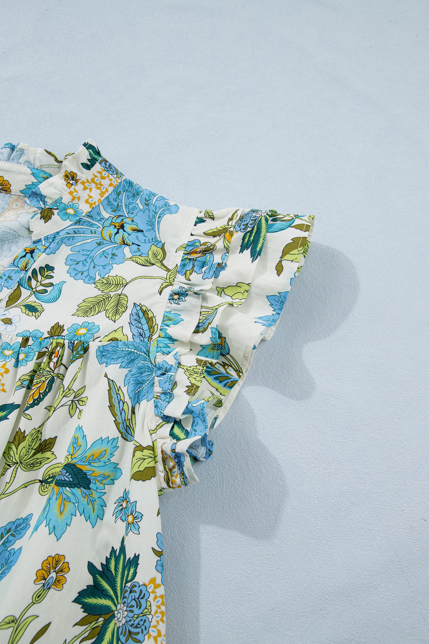 Beige Floral Print V Neck Triple Ruffle Short Sleeve Shift Mini Dress-TOPS / DRESSES-[Adult]-[Female]-2022 Online Blue Zone Planet