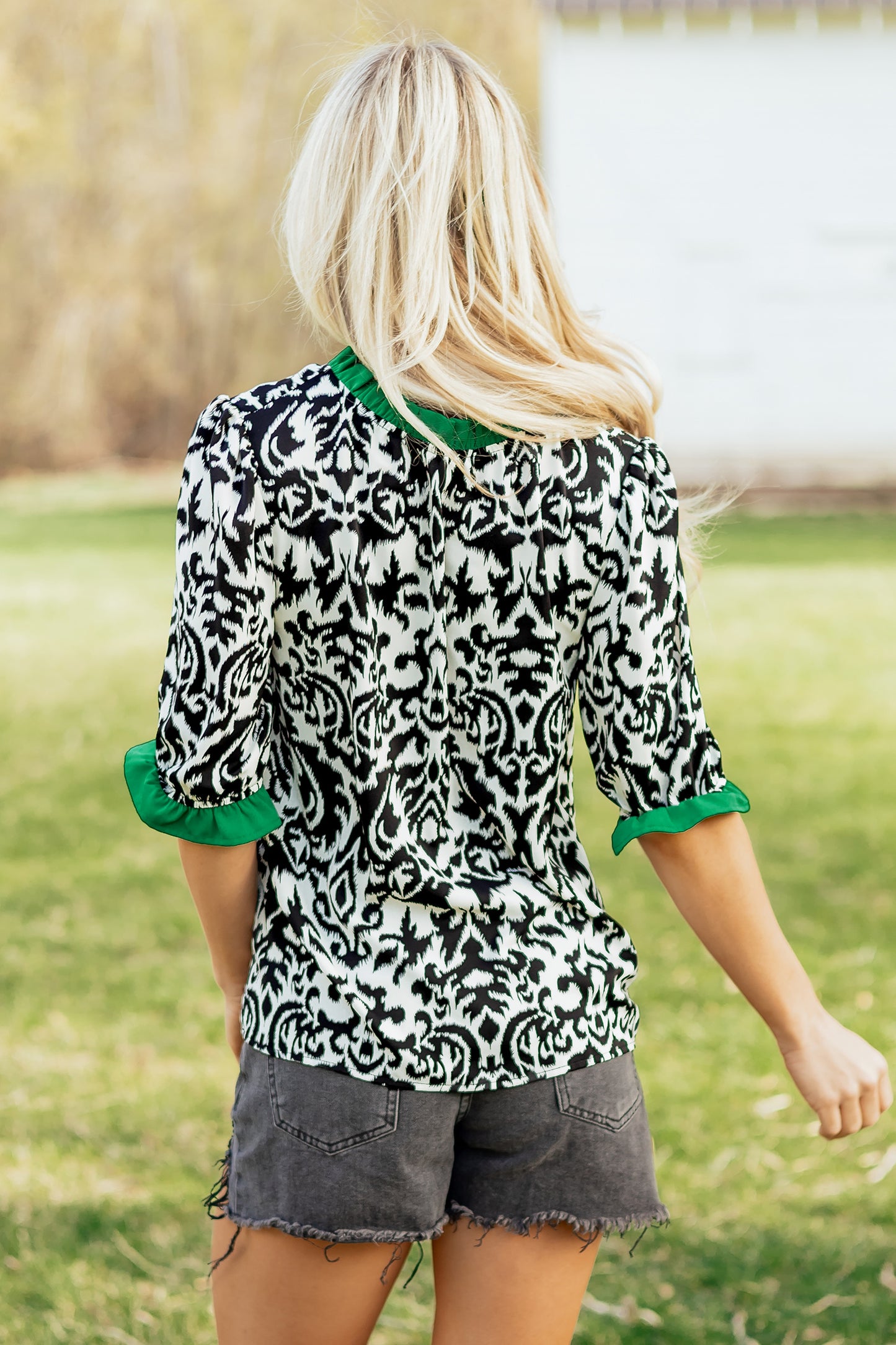 Green Damask Print Ruffled Color Block Detail Half Sleeve Blouse-Tops/Blouses & Shirts-[Adult]-[Female]-2022 Online Blue Zone Planet