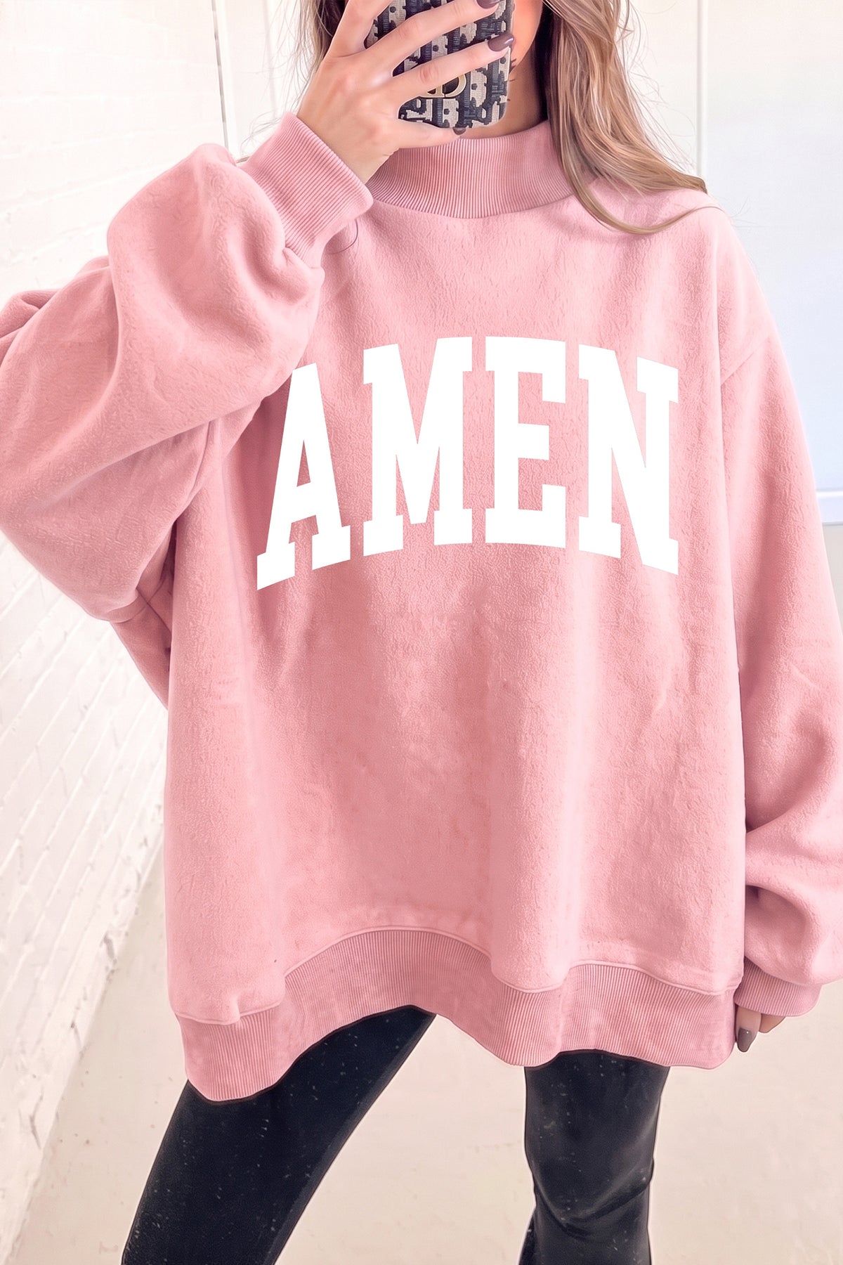 Light Pink WWJD/ AMEN Double Side Printed Mock Neck Reversible Sweatshirt-Graphic/Graphic Sweatshirts-[Adult]-[Female]-2022 Online Blue Zone Planet