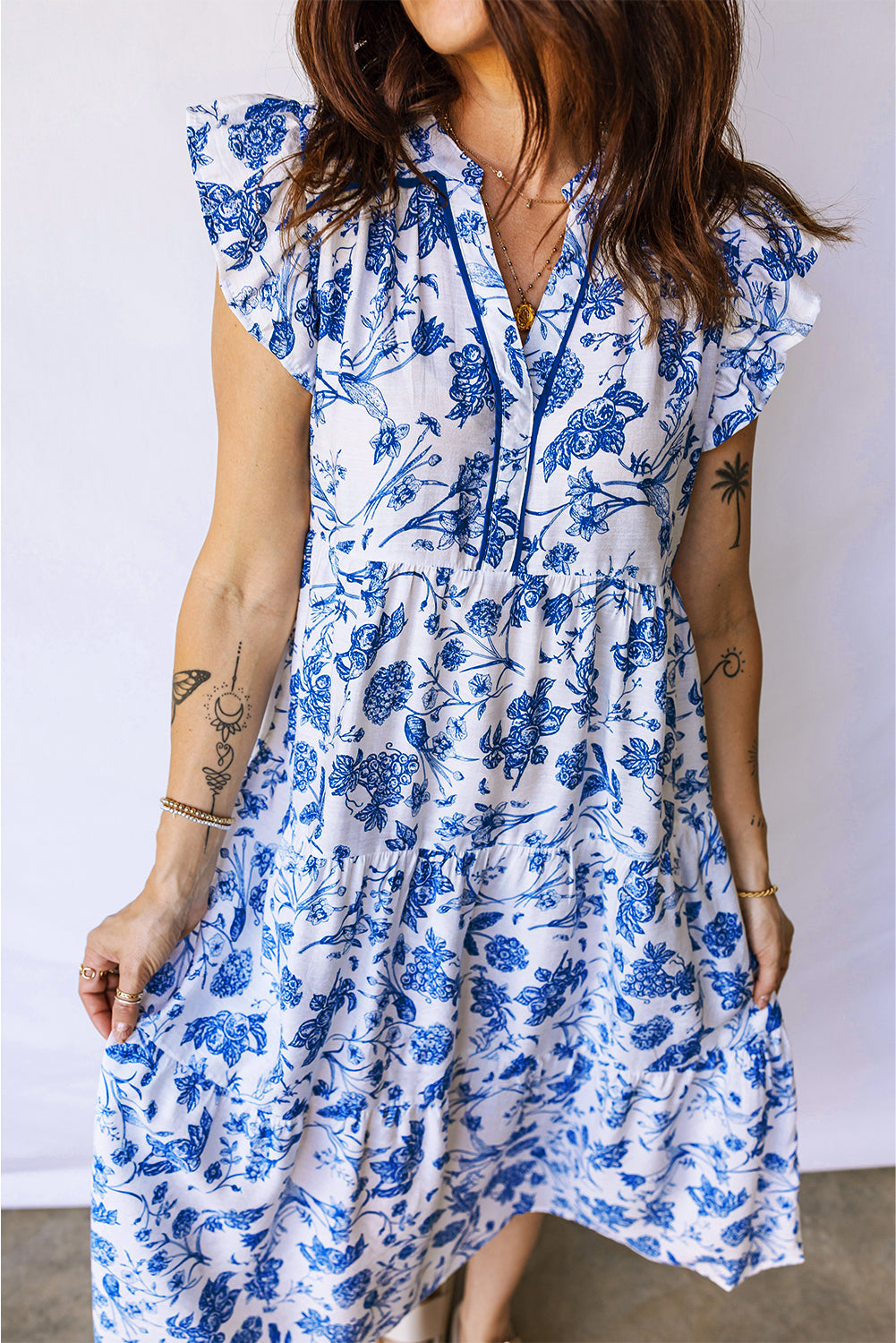 Blue Ruffled Short Sleeve Tiered Floral Midi Dress-Dresses/Floral Dresses-[Adult]-[Female]-2022 Online Blue Zone Planet