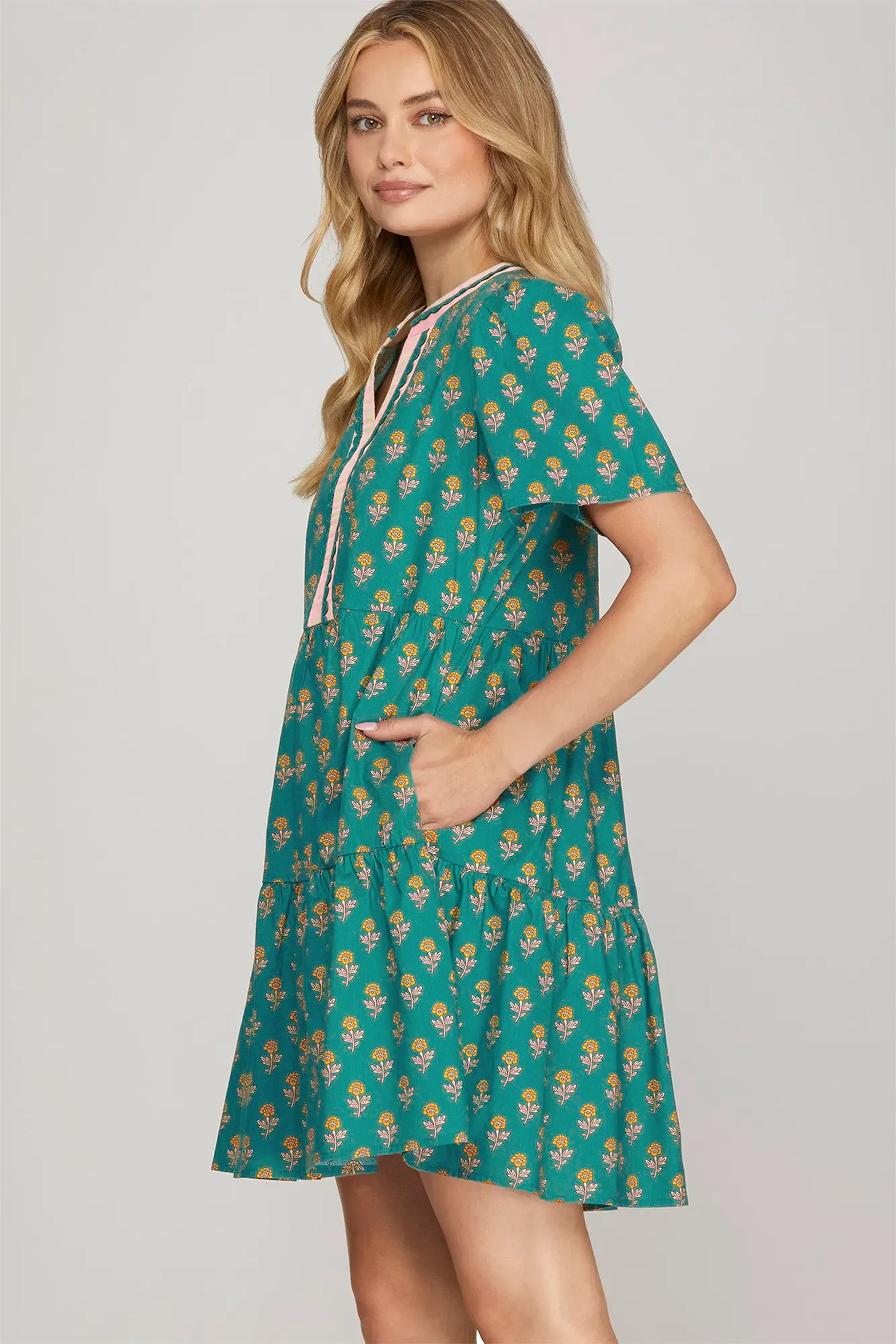 Green Contrast Trim V Neck Short Sleeve Floral Dress-TOPS / DRESSES-[Adult]-[Female]-2022 Online Blue Zone Planet