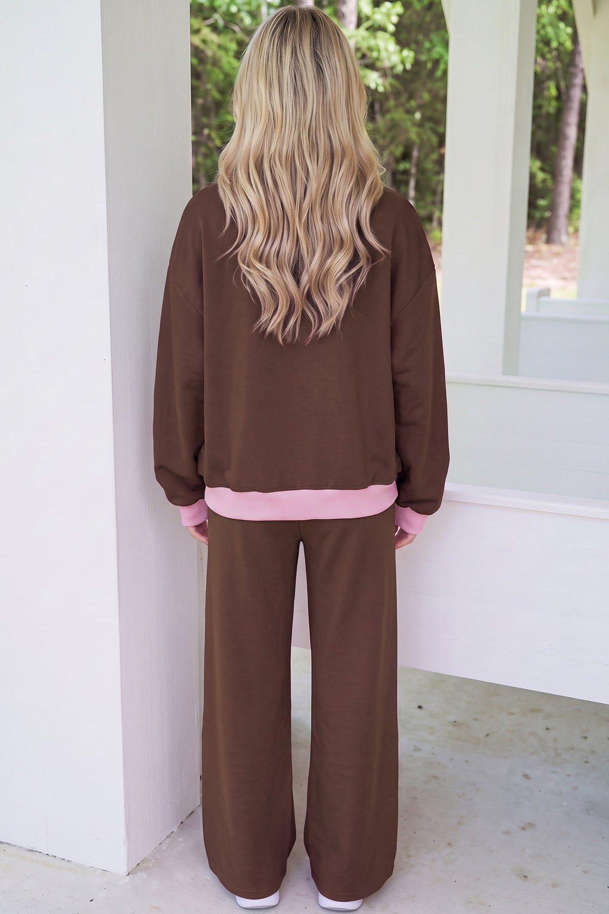 Light Pink Color Block Trim Long Sleeve Pullover Drawstring Shift Pants Set-Two Piece Sets/Pant Sets-[Adult]-[Female]-2022 Online Blue Zone Planet