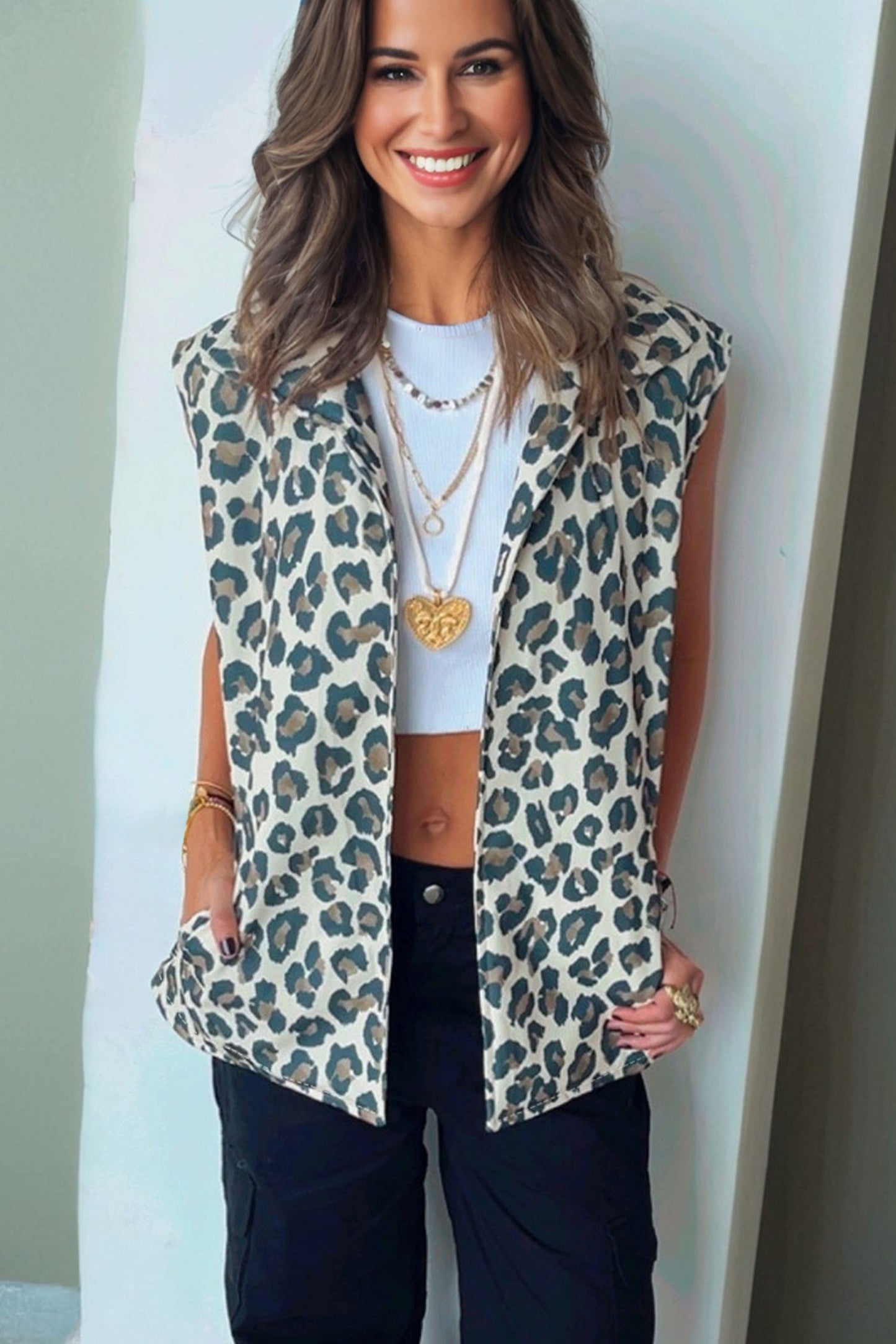 Brown Leopard Open Front Jacket Vest-Outerwear/Vests-[Adult]-[Female]-2022 Online Blue Zone Planet