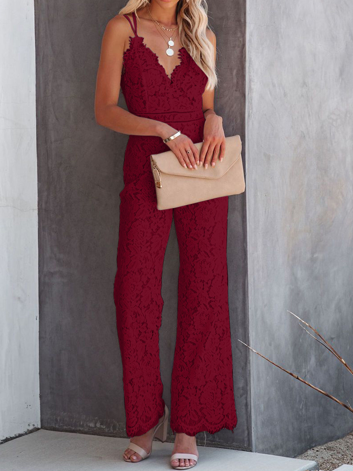 Lace V-Neck Spaghetti Strap Jumpsuit-TOPS / DRESSES-[Adult]-[Female]-Burgundy-XS-2022 Online Blue Zone Planet