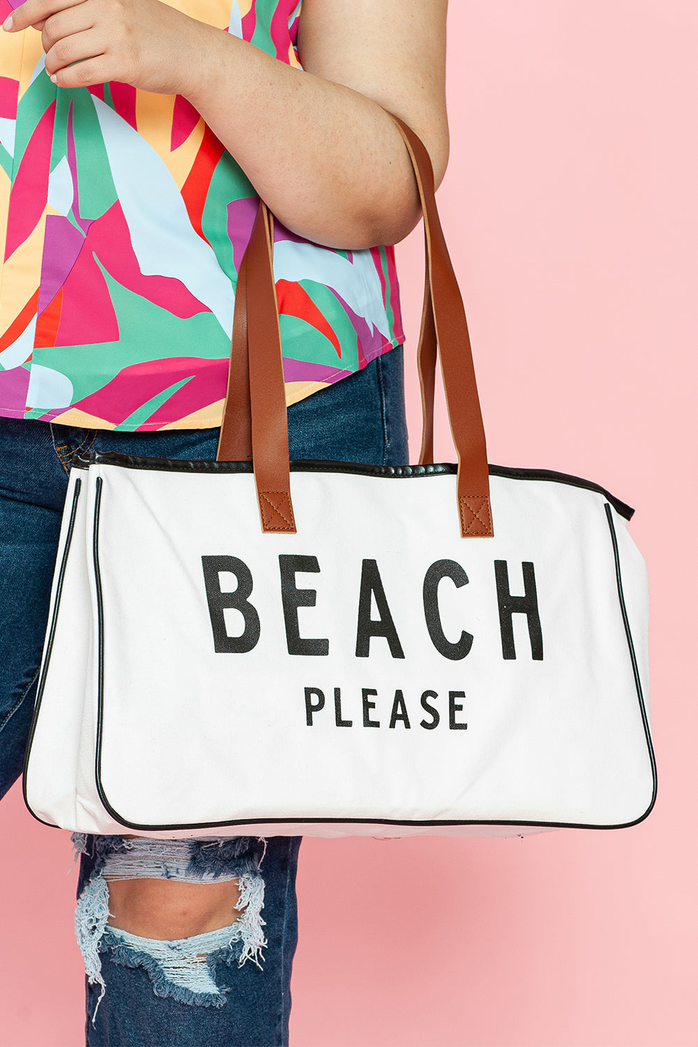 White BEACH PLEASE Print Large Canvas Tote Bag-Shoes & Bags/Handbags-[Adult]-[Female]-2022 Online Blue Zone Planet