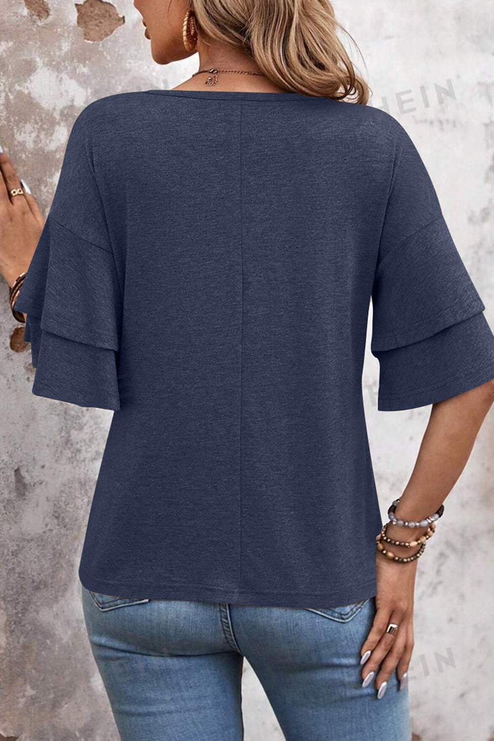 Dune Solid Colour V-Neck Double Layer Sleeve Loose T-Shirt-Tops/Tops & Tees-[Adult]-[Female]-2022 Online Blue Zone Planet