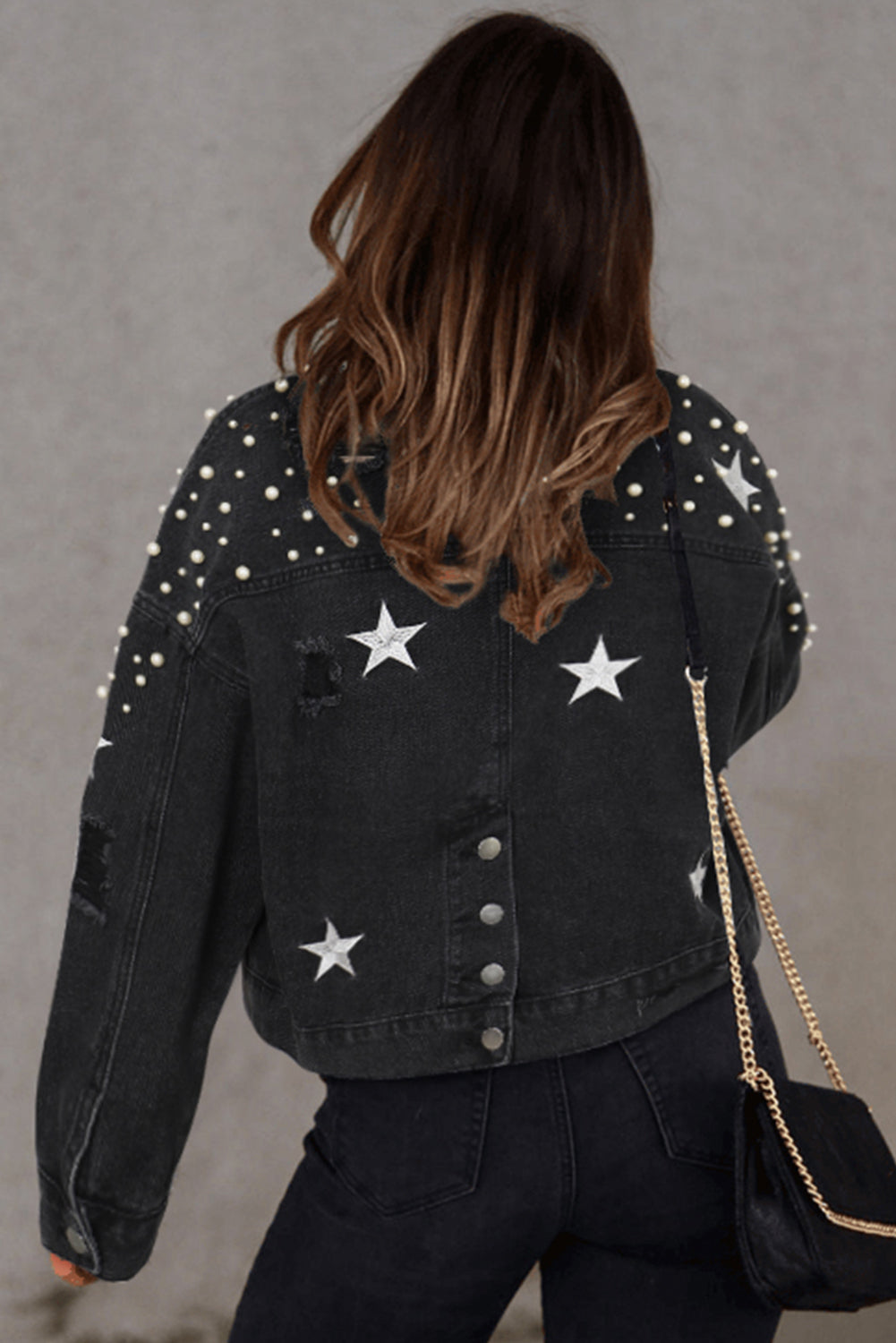 Blue Zone Planet | Black Distressed Pearls Star Cropped Denim Jacket-Outerwear/Denim jackets-[Adult]-[Female]-2022 Online Blue Zone Planet