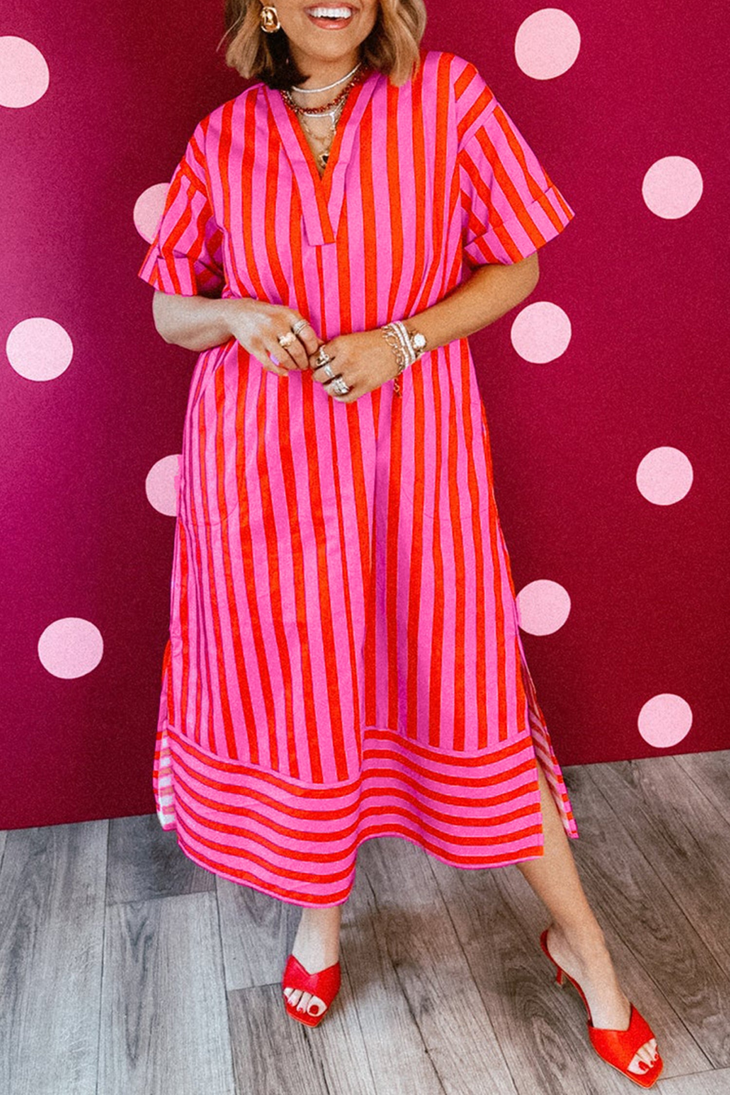 Red Stripe V Neck Cuffed Sleeve Relaxed Split Midi Dress – Blue Zone Planet