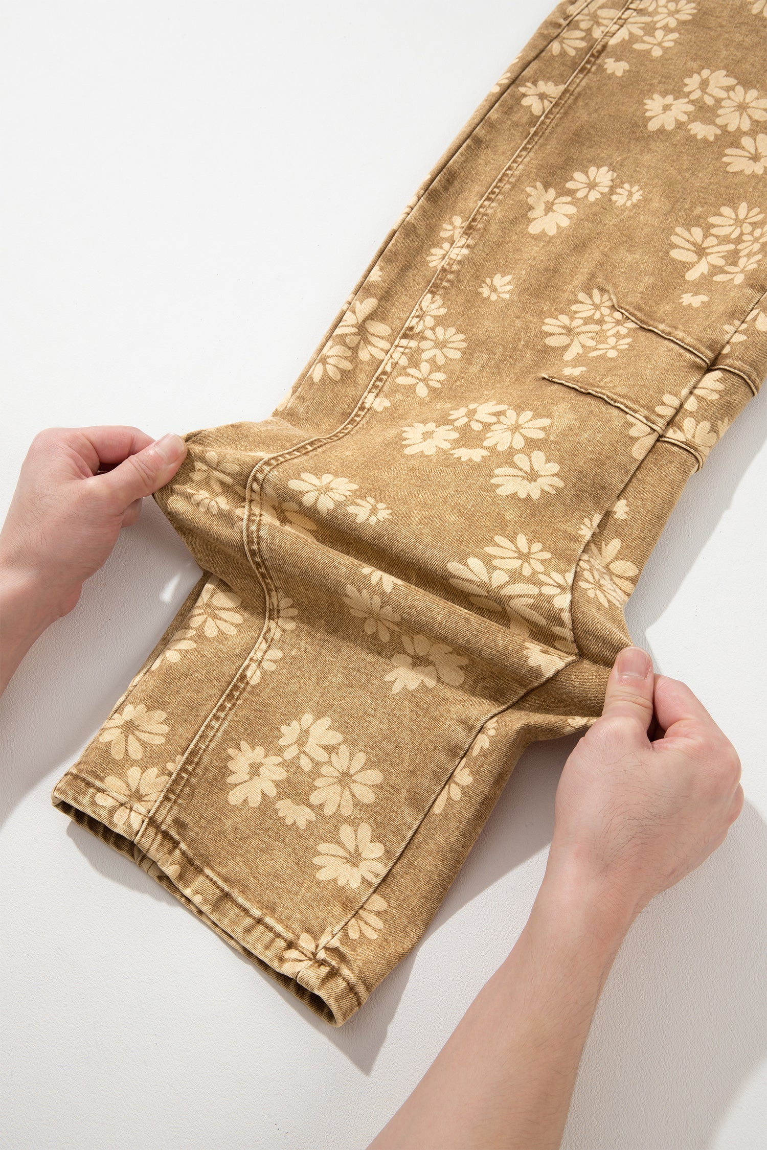 Khaki Floral Print Metal Button Pleated Straight Leg Jeans-Bottoms/Jeans-[Adult]-[Female]-2022 Online Blue Zone Planet