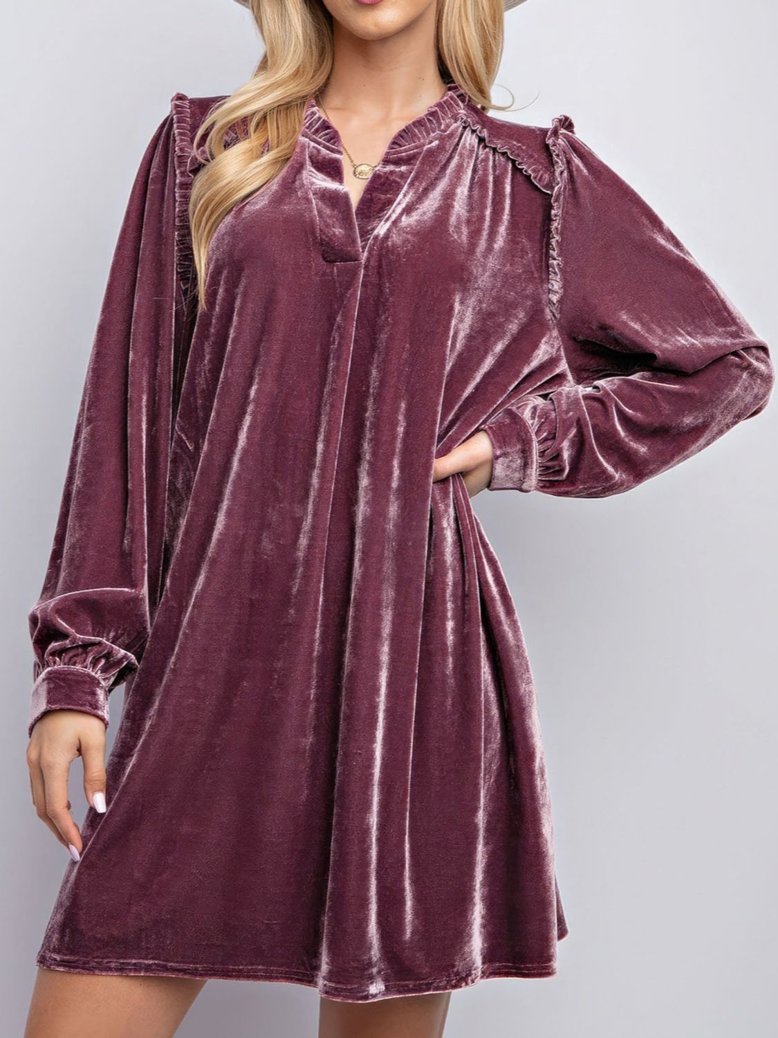 Blue Zone Planet | Frill Notched Long Sleeve Dress with Pockets-TOPS / DRESSES-[Adult]-[Female]-Dusty Pink-S-2022 Online Blue Zone Planet