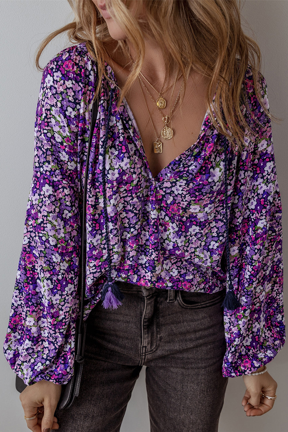 Purple Boho Flower Split V Neck Bubble Sleeve Blouse-Tops/Blouses & Shirts-[Adult]-[Female]-Purple-S-2022 Online Blue Zone Planet