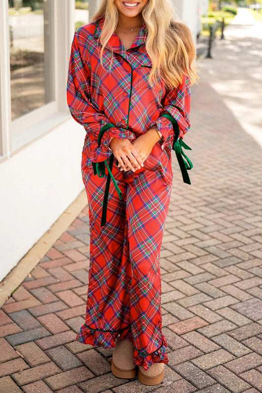 Fiery Red Christmas Plaid Satin Pajama Set-Loungewear Set-[Adult]-[Female]-Fiery Red-L-2022 Online Blue Zone Planet