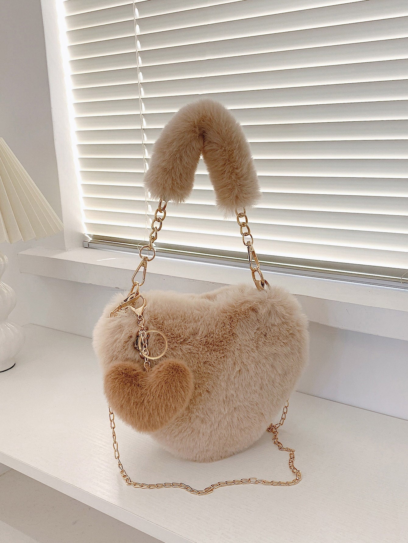 Heart Shape Faux Fur Handbag-HANDBAGS-[Adult]-[Female]-Khaki-One Size-2022 Online Blue Zone Planet