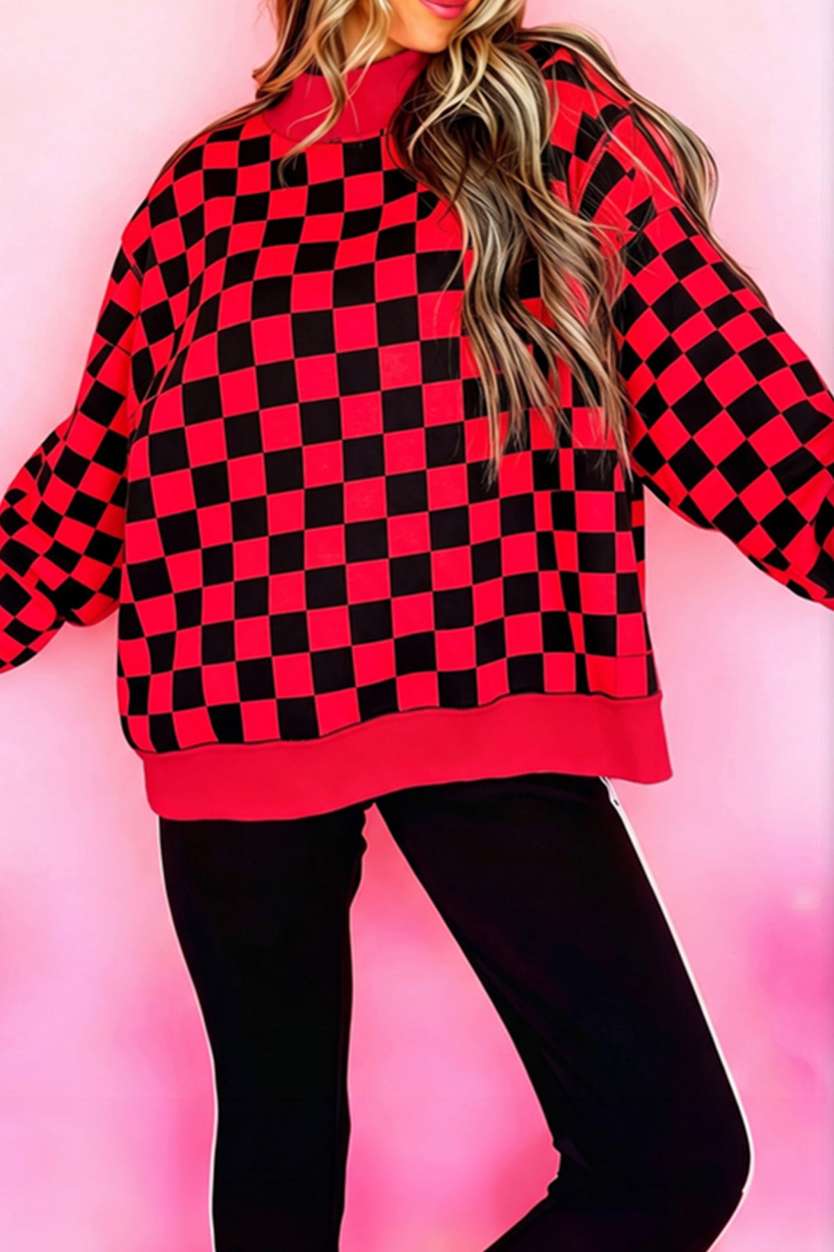 Red Checkered Print High Neck Baggy Sweatshirt