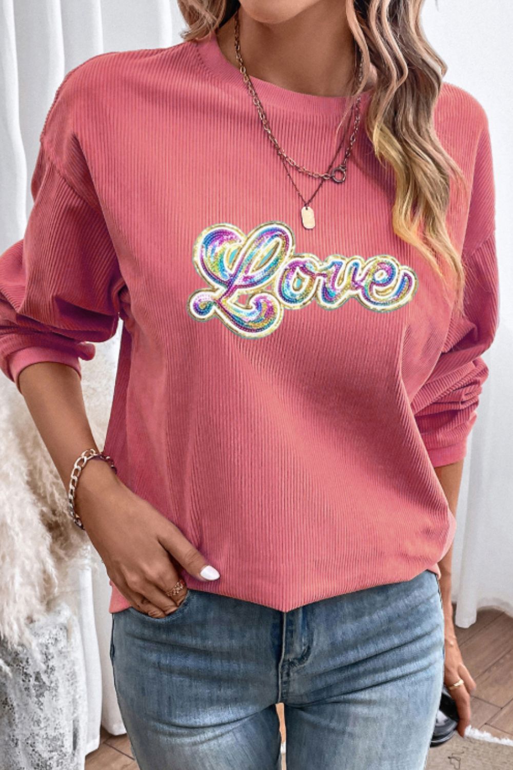 Blue Zone Planet | Valentine's Day LOVE Round Neck Long Sleeve Sweatshirt-TOPS / DRESSES-[Adult]-[Female]-2022 Online Blue Zone Planet