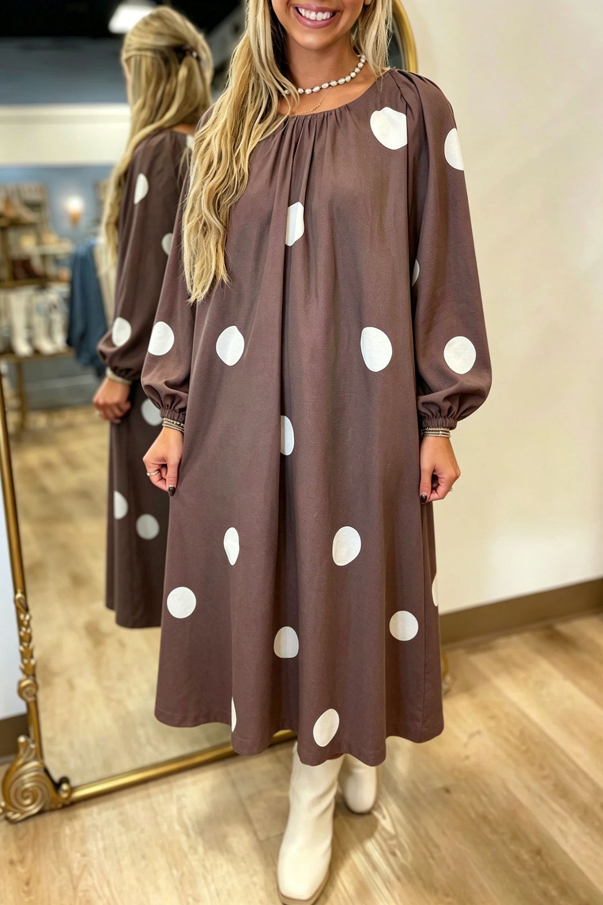 Brown Polka Dot Contrast Bow Knot Back Long Sleeve Midi Dress-TOPS / DRESSES-[Adult]-[Female]-2022 Online Blue Zone Planet
