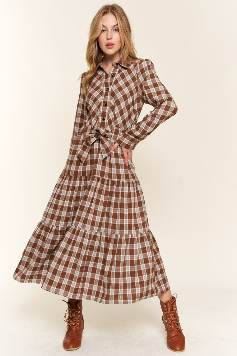 And the Why Plaid Tiered Midi Shirt Dress-TOPS / DRESSES-[Adult]-[Female]-Brown-S-2022 Online Blue Zone Planet