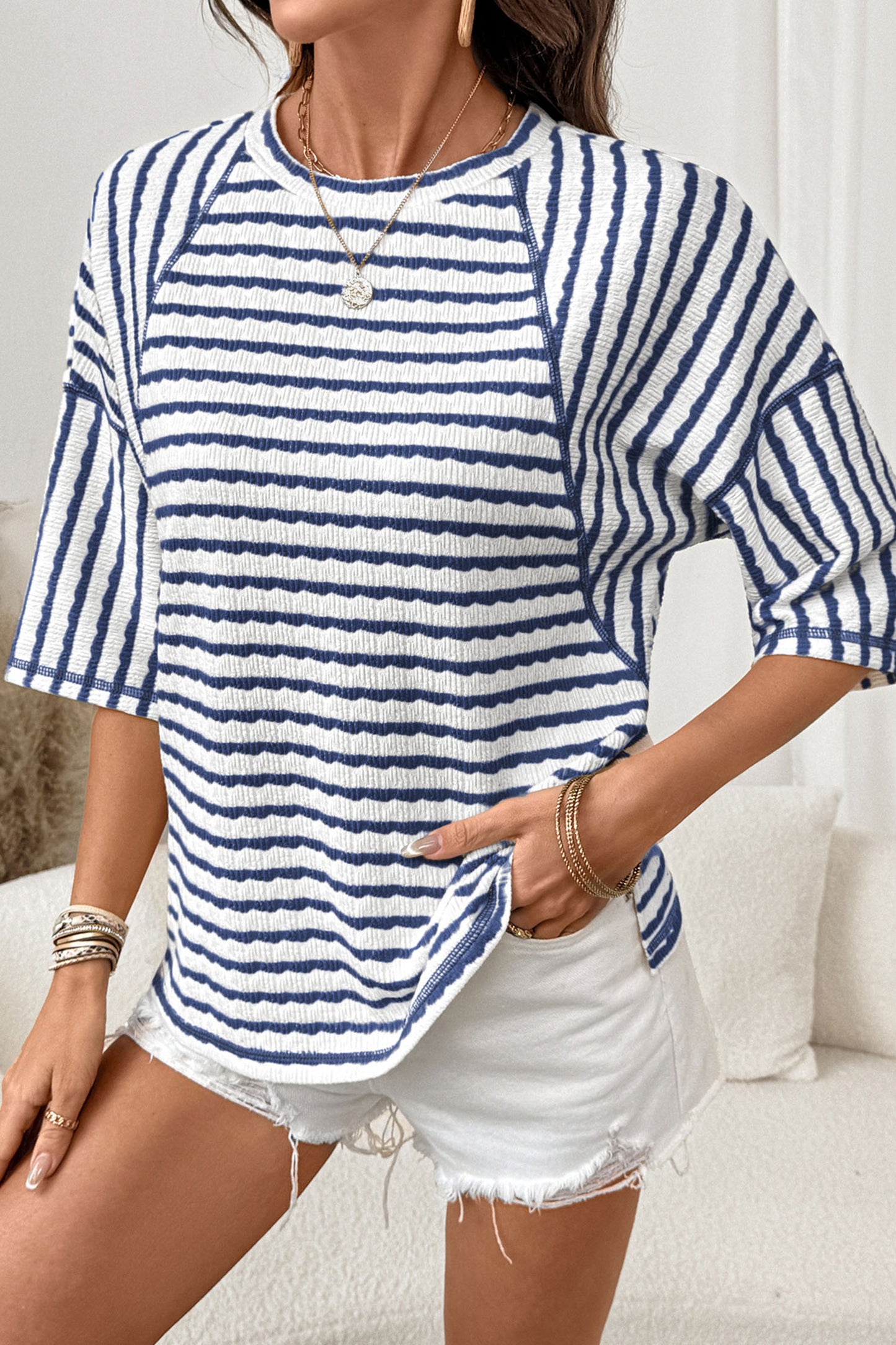 Blue Stripe Textured Knit Split Hem Half Sleeve Loose Top-Tops/Tops & Tees-[Adult]-[Female]-2022 Online Blue Zone Planet