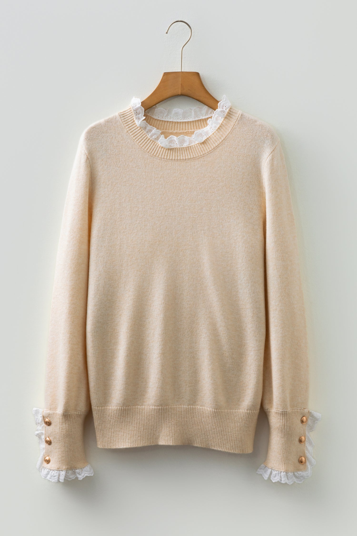 Jet Stream Lace Trim Patchwork Buttoned Cuffs Loose Sweater-TOPS / DRESSES-[Adult]-[Female]-2022 Online Blue Zone Planet