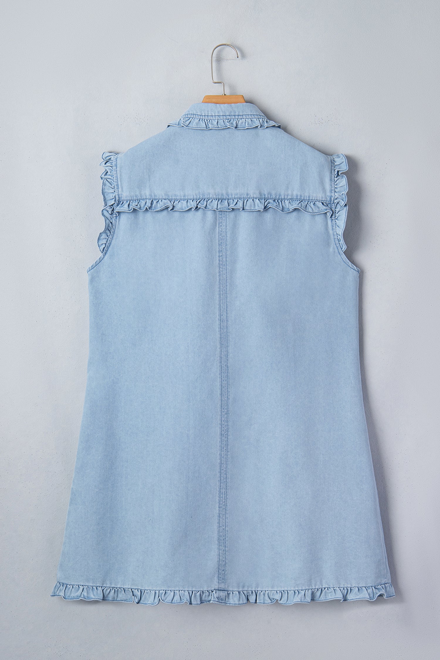 Beau Blue Ruffled Edge Collared Shift Denim Dress with Pockets-TOPS / DRESSES-[Adult]-[Female]-2022 Online Blue Zone Planet