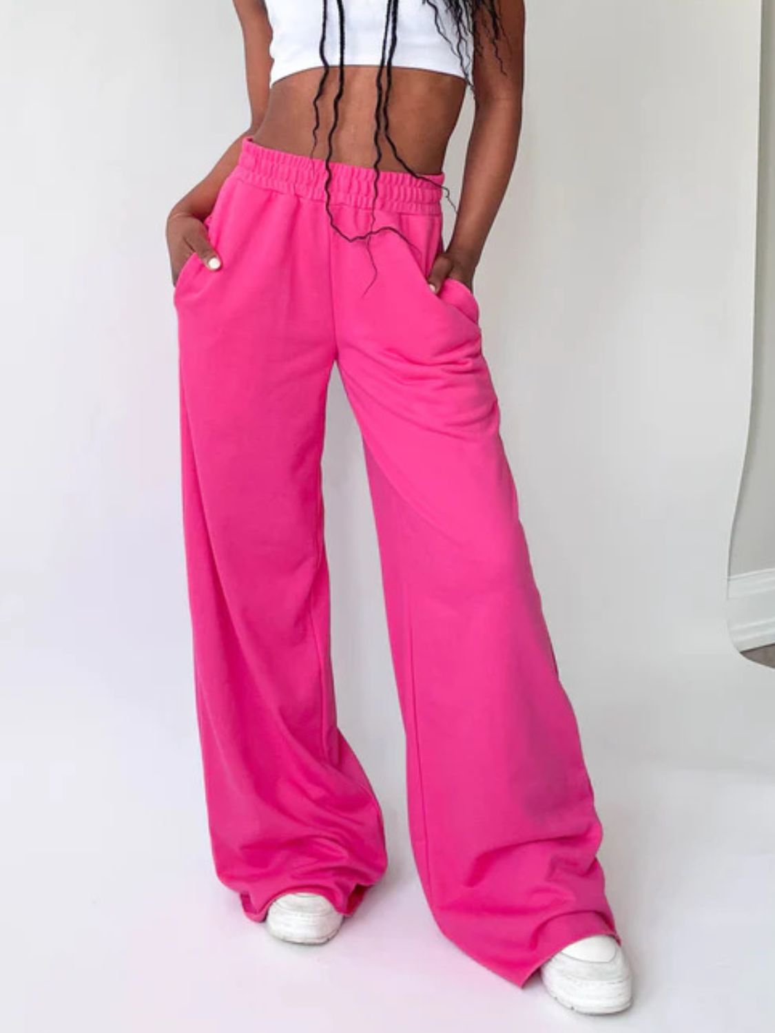 Blue Zone Planet | Elastic Waist Wide Leg Pants-BOTTOMS SIZES SMALL MEDIUM LARGE-[Adult]-[Female]-Hot Pink-S-2022 Online Blue Zone Planet