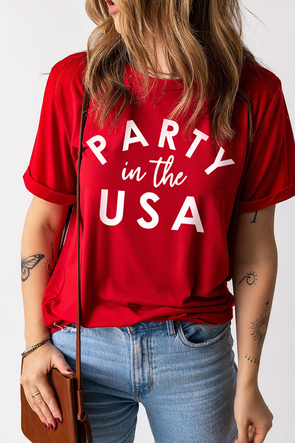 Red PARTY in the USA Printed Independence Day T Shirt-Graphic Tees-[Adult]-[Female]-2022 Online Blue Zone Planet